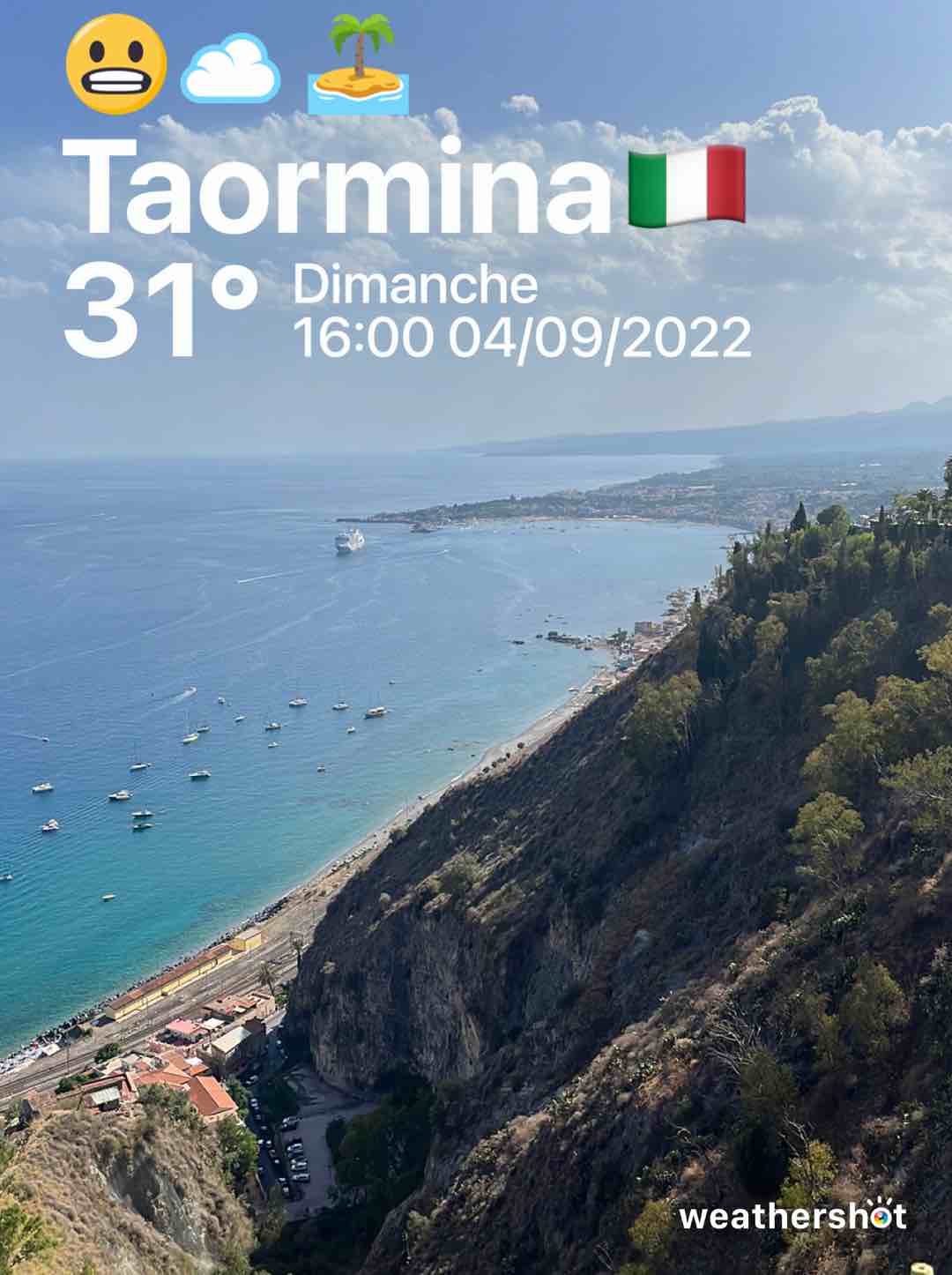 Cloudy weather in Taormina, 31°C — September 4, 2022 (community photo)