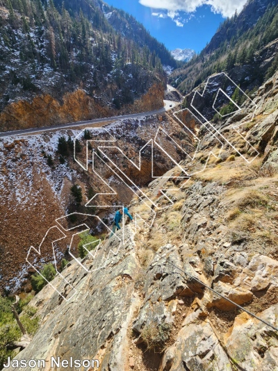 photo of Waterfall Wall (left - PEMA) from Million Dollar Highway