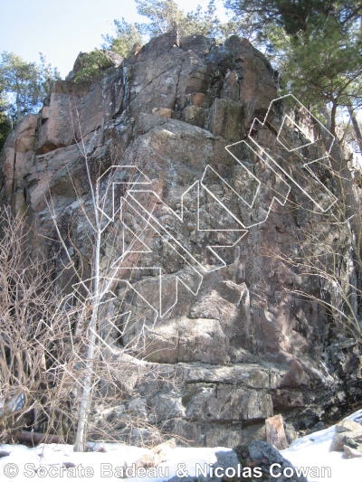 photo of Manny's Lament, 5.10d/11a ★ at Gully Area Right (Ice Age Wall) from Québec: Mont Rigaud