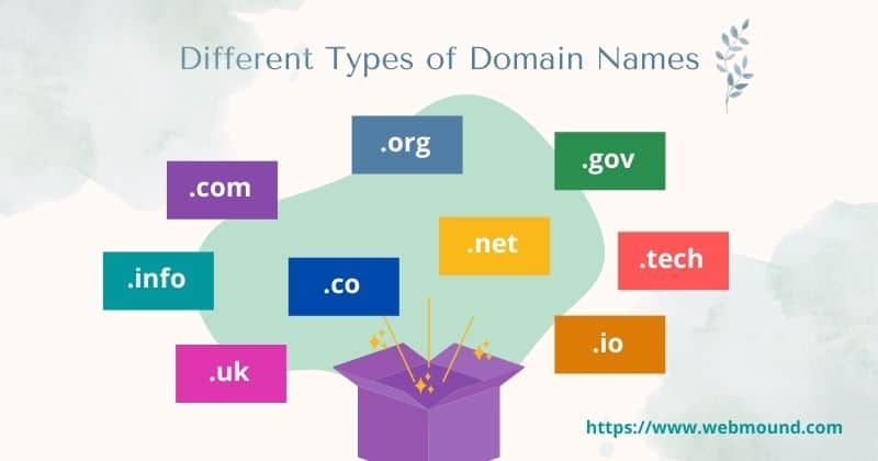 Different types of domain names. Showing different types of domain extensions