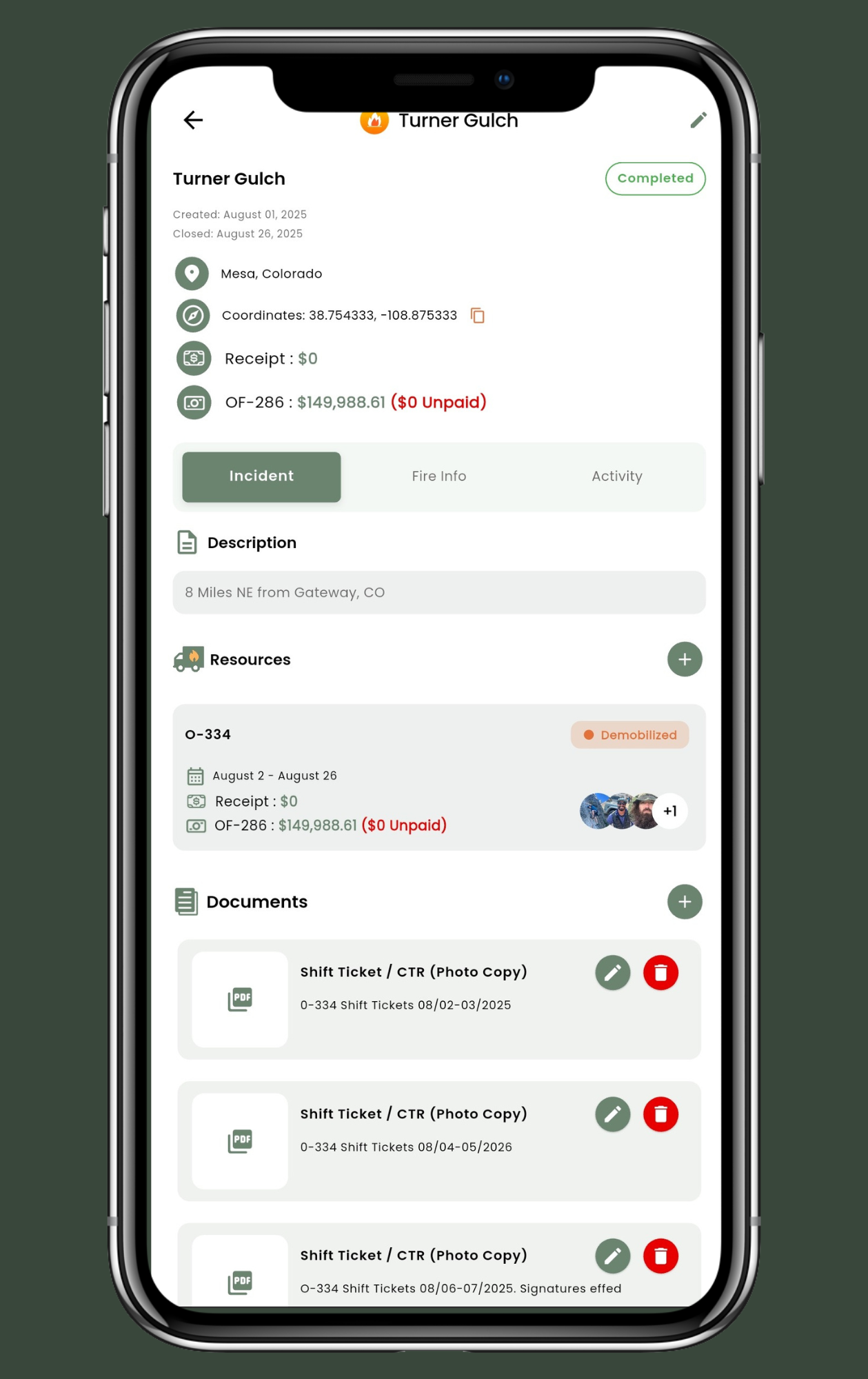 Incident breakdown screen