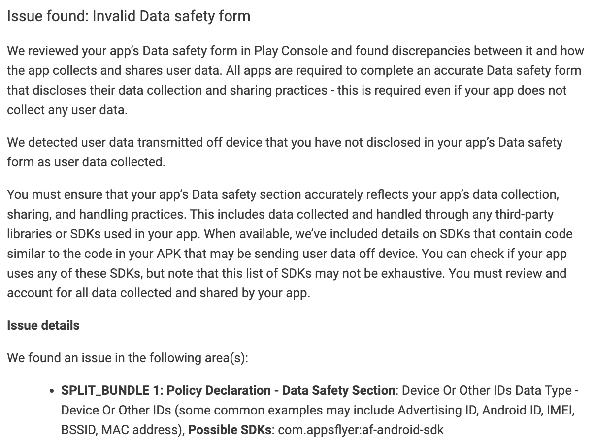 Fixing "Invalid Data safety form" Android App Rejection