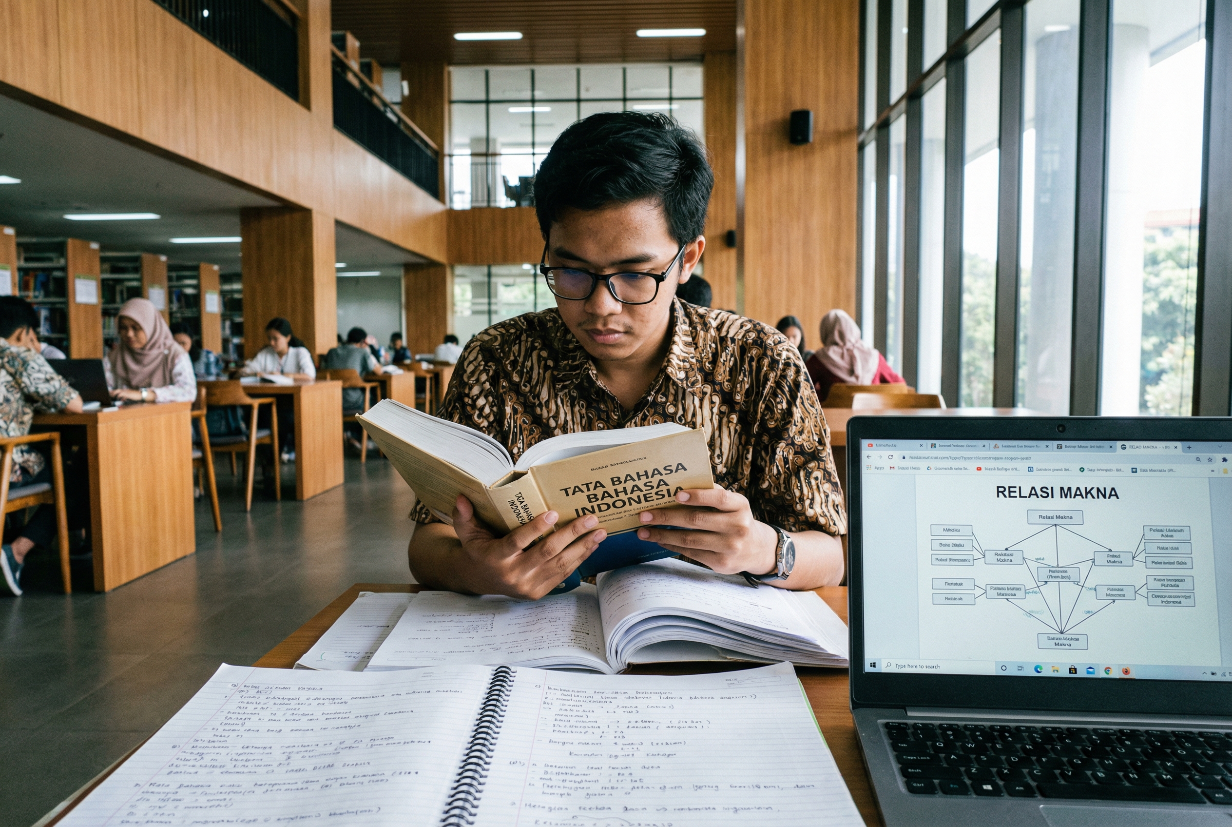 Foto realistis seorang mahasiswa Indonesia di sebuah perpustakaan modern, sedang fokus mempelajari buku tata bahasa Indonesia yang tebal dengan catatan di samping laptopnya yang menampilkan diagram relasi makna.