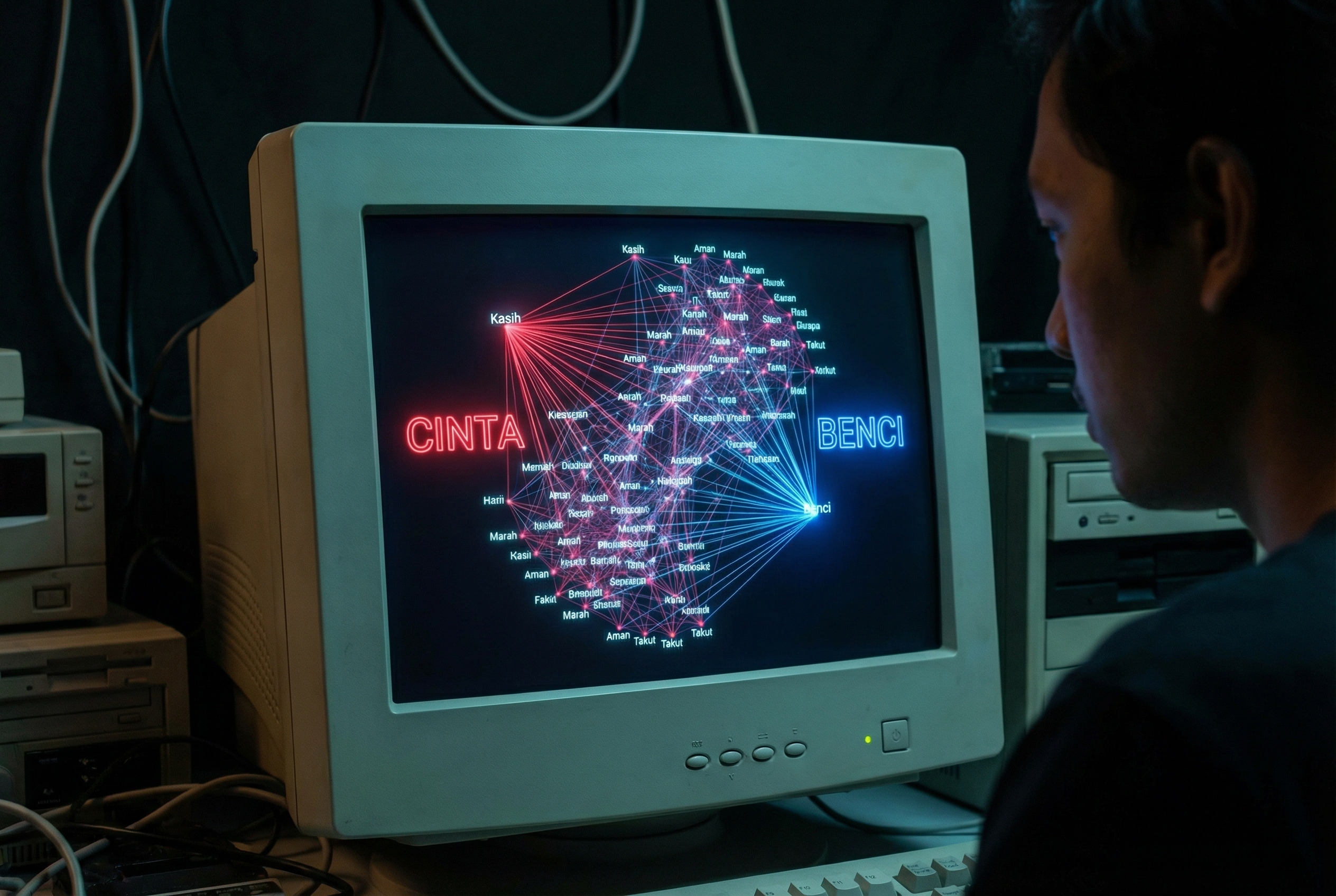 Visualisasi layar monitor komputer yang menampilkan grafik vektor semantik dalam ruang 3D, di mana kata-kata seperti 'Cinta' dan 'Benci' diletakkan di kutub yang berlawanan dengan garis-garis koneksi digital di sekitarnya.