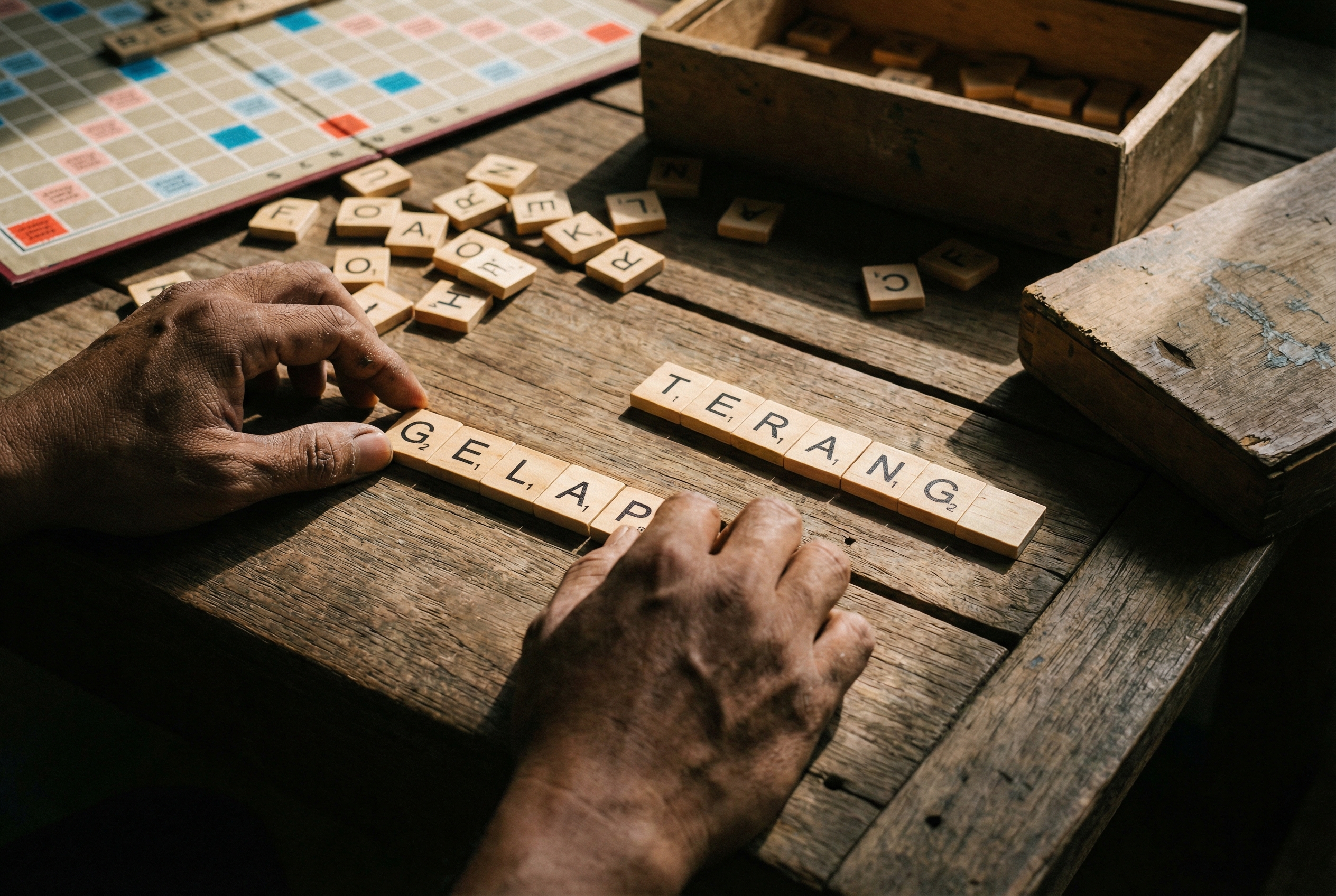 Close-up realistis tangan seseorang yang sedang menyusun ubin kayu permainan kata di atas meja kayu, membentuk kata 'TERANG' di satu sisi dan 'GELAP' di sisi lainnya dengan pencahayaan dramatis.