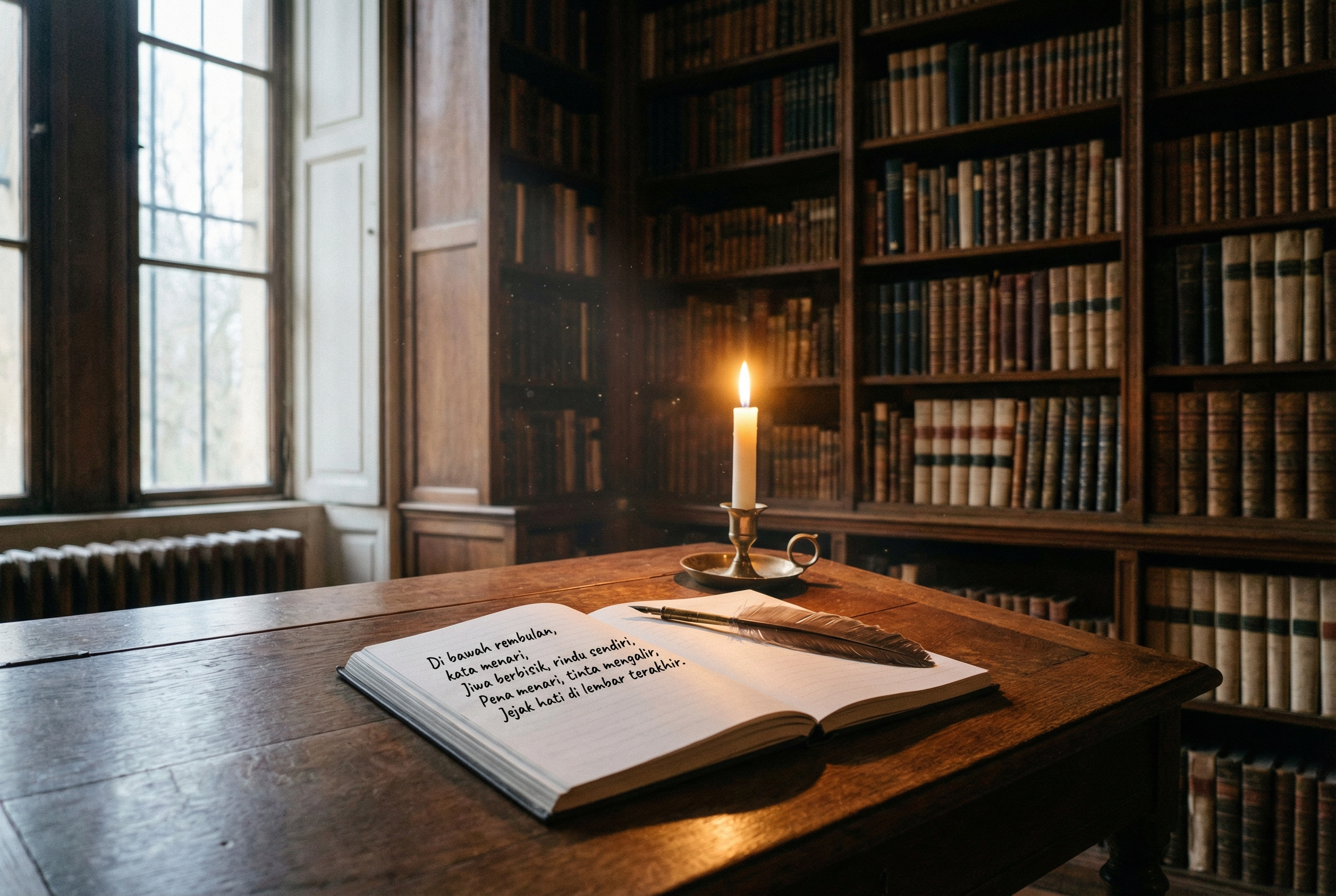 Sebuah meja kayu klasik dengan pena bulu, buku catatan terbuka berisi tulisan tangan puisi dalam bahasa Indonesia, dan cahaya lilin yang hangat di dalam ruang perpustakaan tua yang sunyi.