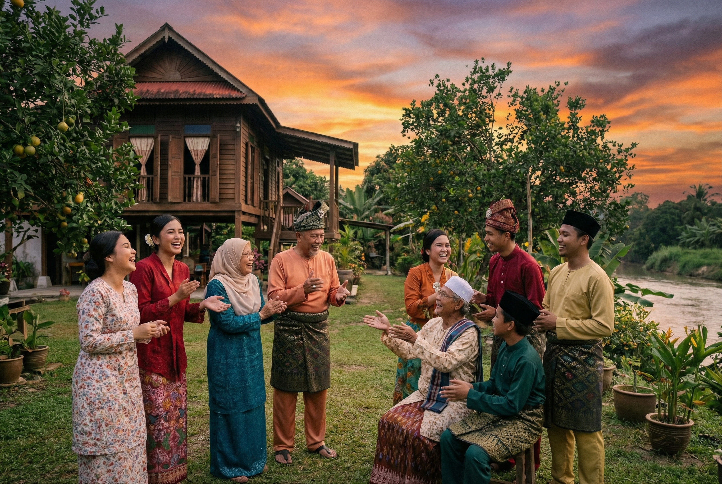Sekelompok orang mengenakan pakaian tradisional Melayu sedang melakukan tradisi balas pantun di halaman desa yang asri saat matahari terbenam.