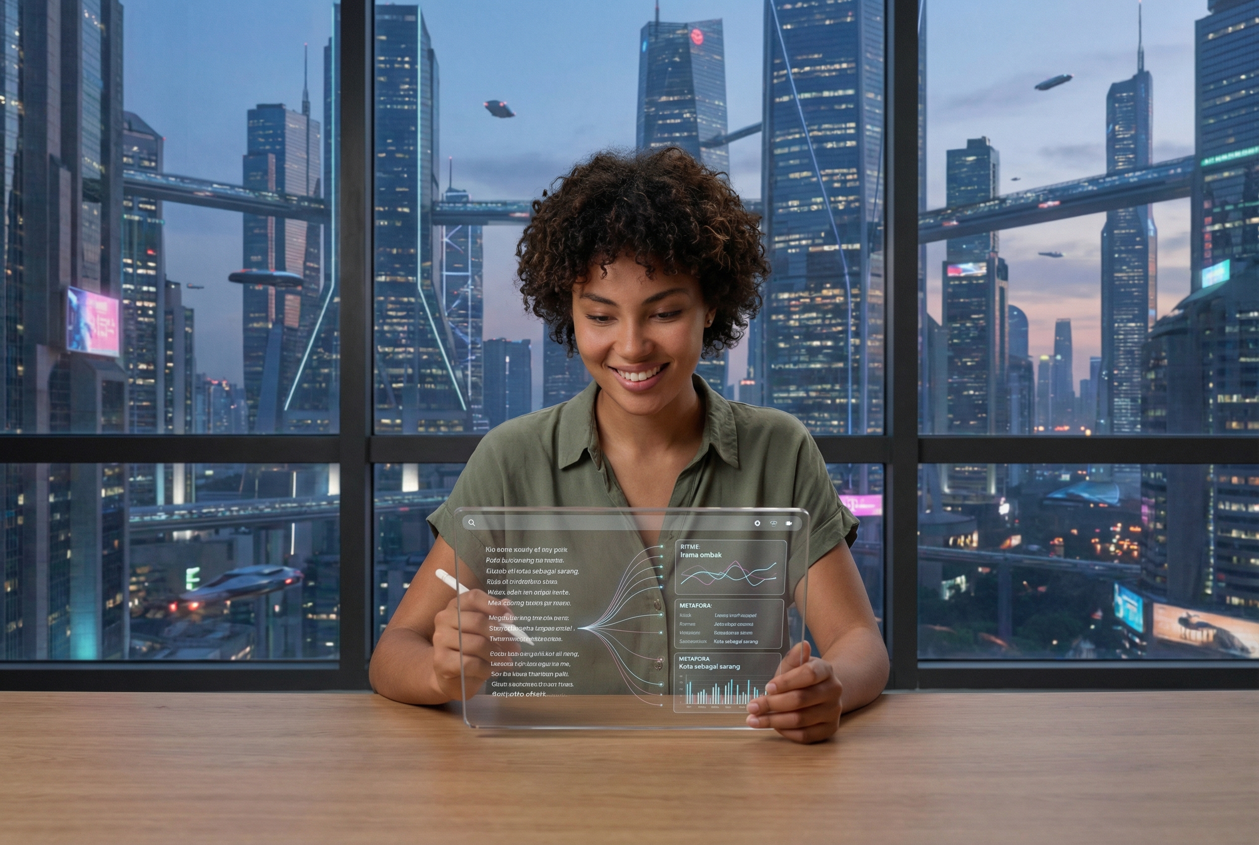 Seorang penulis muda sedang duduk di depan tablet digital yang menampilkan antarmuka AI futuristik yang sedang membantu menyusun baris-baris puisi, dengan latar belakang pemandangan kota modern dari jendela besar.