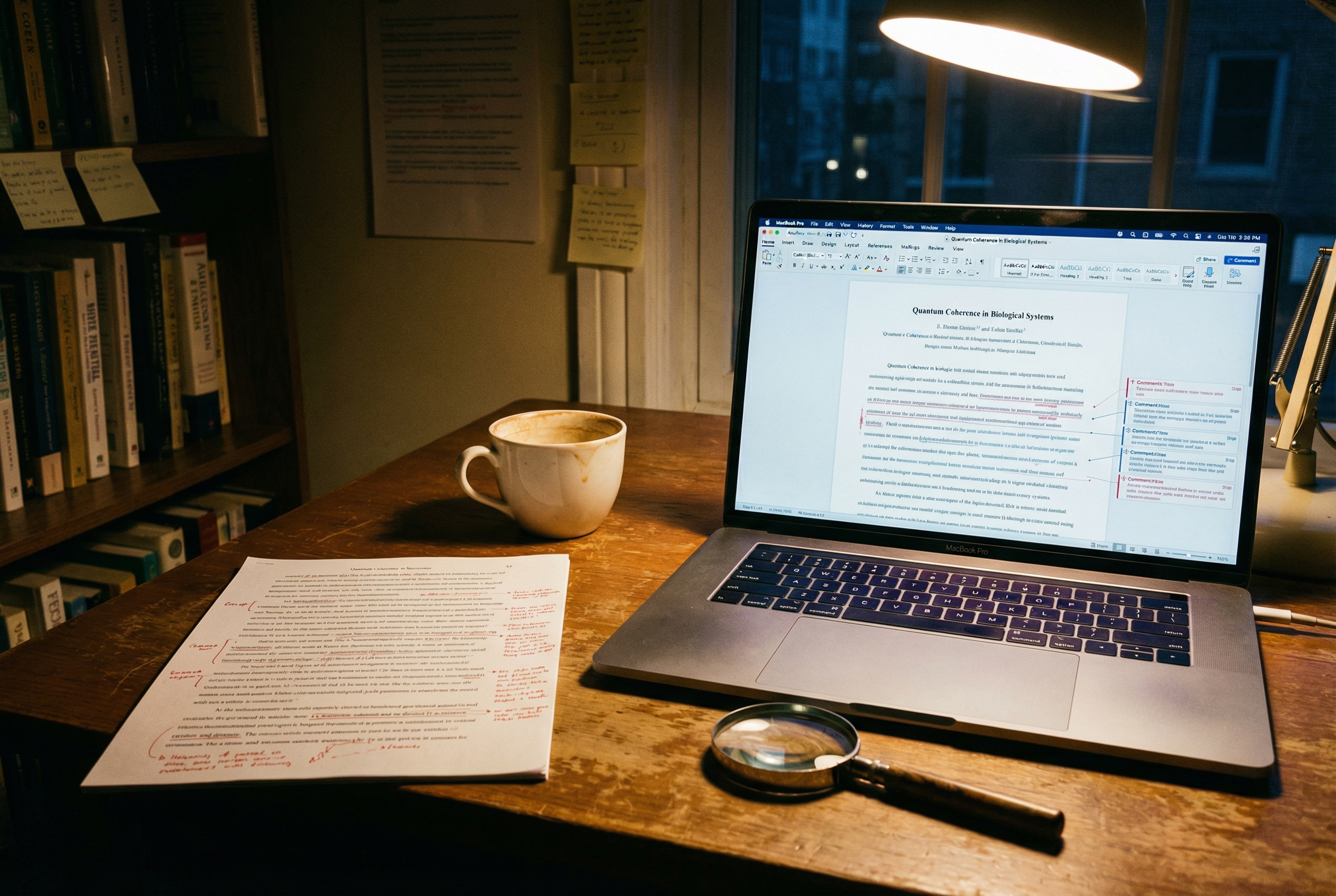 A realistic, high-quality photograph of a professional editor's workspace. A laptop screen shows a scientific manuscript with many track-change marks in red and blue. Beside the laptop is a cup of coffee, a printed paper with handwritten corrections using a red pen, and a magnifying glass. The lighting is warm and intellectual, suggesting a late-night focus.
