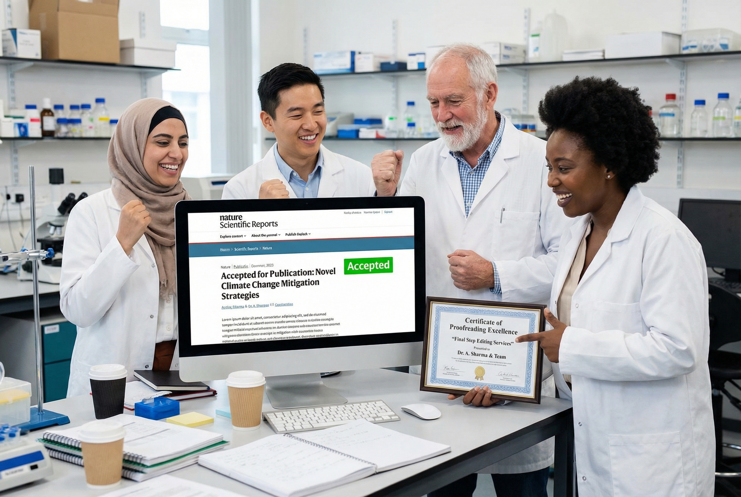 A realistic scene of a diverse group of researchers in a university laboratory looking at a large monitor. The monitor displays a peer-reviewed journal website with the word 'Accepted' highlighted. One researcher is pointing at a certificate of proofreading on the table, symbolizing the final step that led to their success.