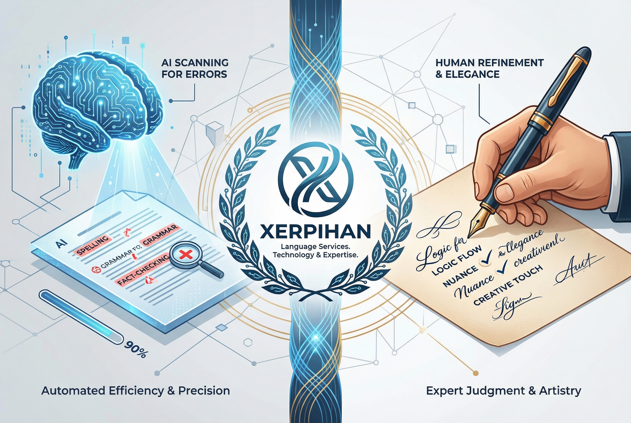 A clean, modern infographic style illustration. On one side, a digital brain (AI) is scanning a document for errors. On the other side, a human hand with a fountain pen is adding the final touch of elegance and logic. The center shows the Xerpihan logo, representing the perfect blend of technology and human expertise in language services.