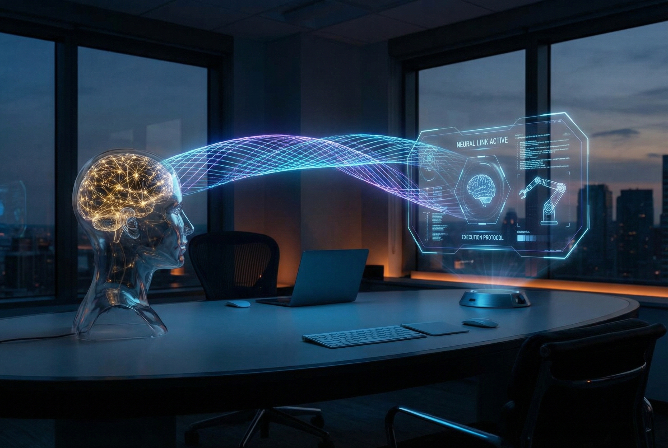 A sleek, high-tech workspace showing a digital bridge connecting a human mind made of glowing neural networks to a floating holographic AI interface, symbolizing the link between human intent and machine execution, cinematic lighting, photorealistic style.