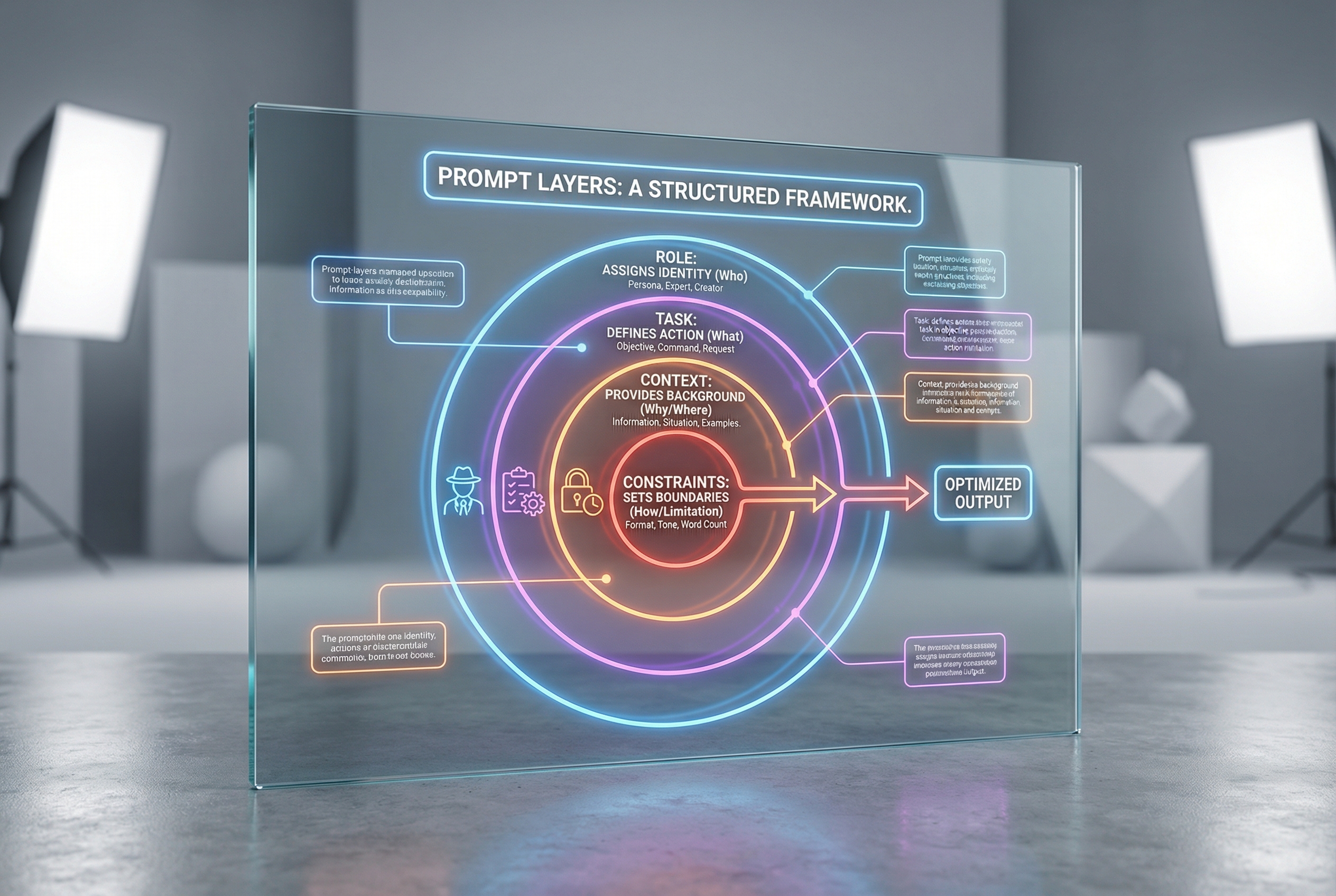 A detailed infographic design on a glass screen showing the layers of a prompt: Role, Task, Context, and Constraints, with glowing lines connecting each part, modern minimalist aesthetic, soft studio lighting.