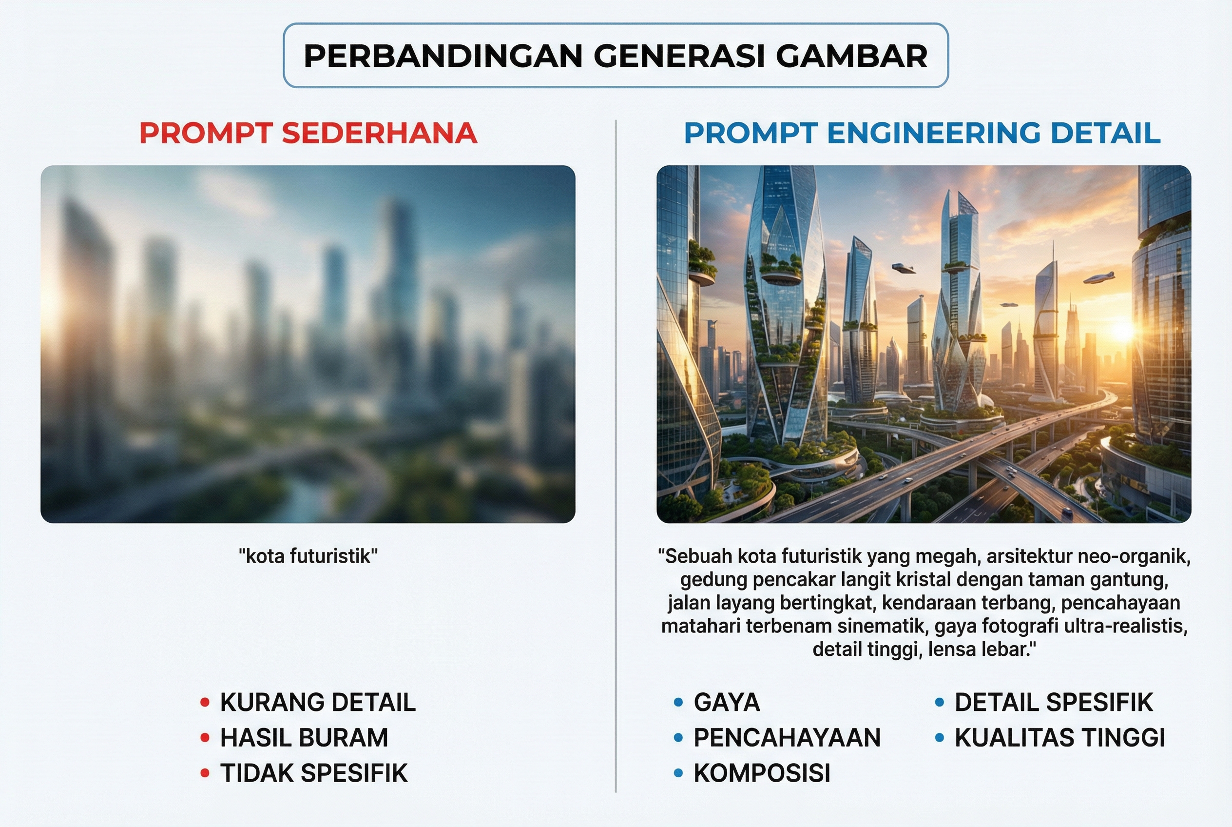 Infografis perbandingan antara prompt sederhana yang menghasilkan gambar buram dengan prompt engineering yang detail yang menghasilkan arsitektur kota futuristik yang megah dan sangat detail dengan pencahayaan sinematik.