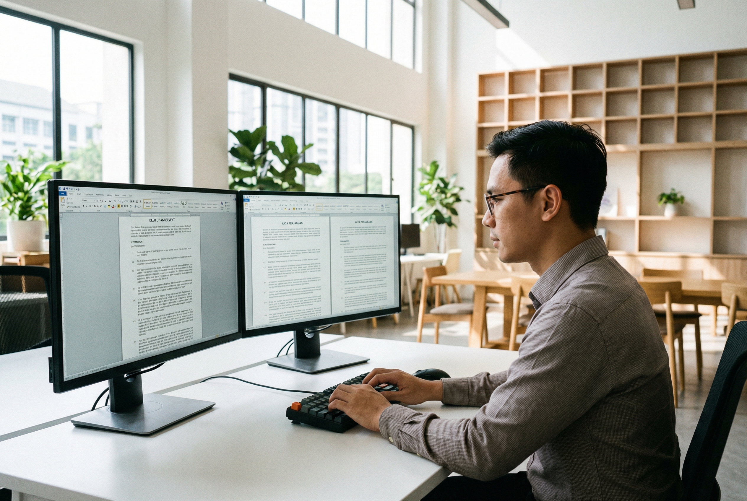 Seorang profesional sedang bekerja di depan monitor ganda, satu layar menampilkan dokumen hukum bahasa Inggris dan layar lainnya hasil terjemahan bahasa Indonesia, dengan latar belakang kantor modern yang bersih dan minimalis.