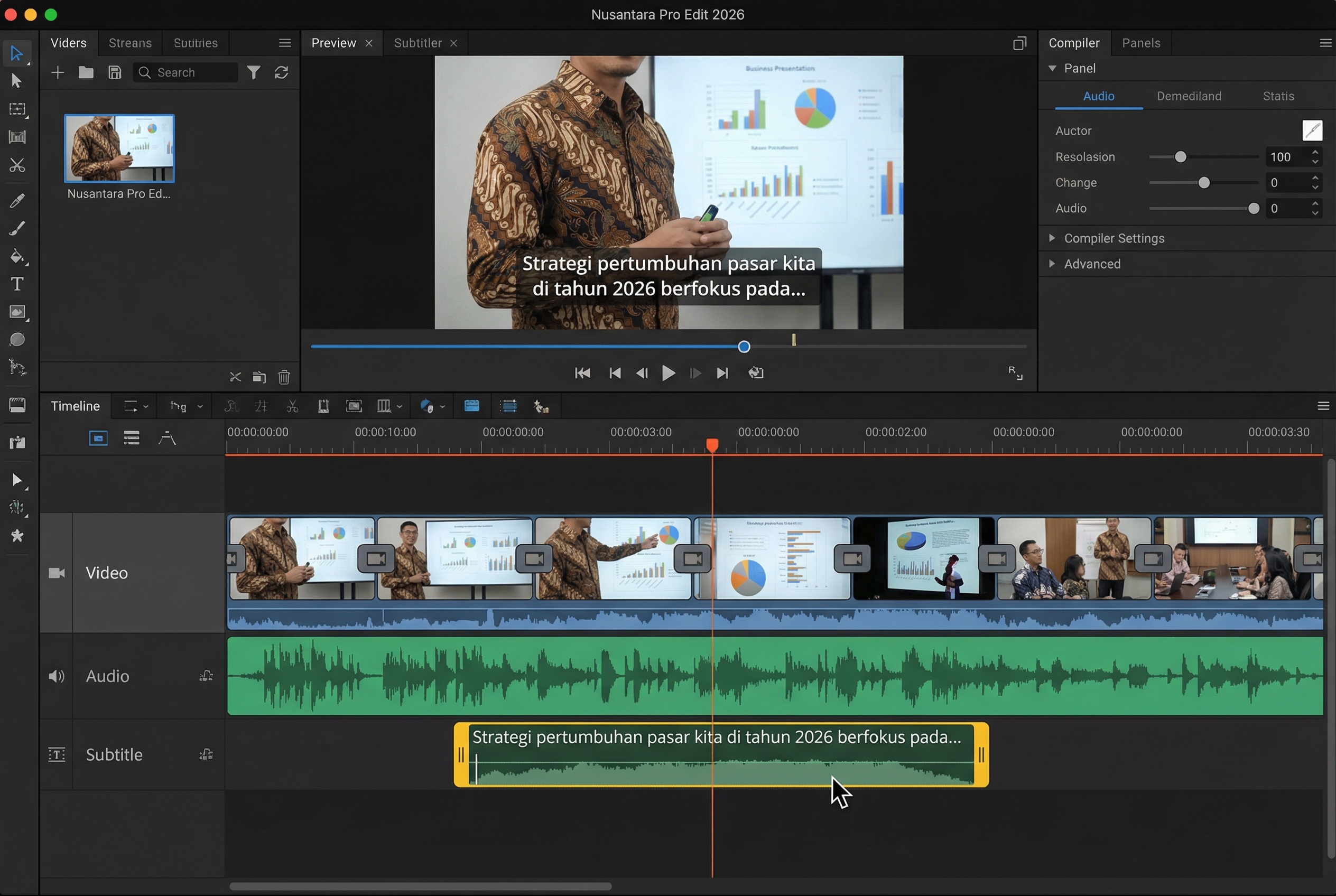 Proses editing video di perangkat lunak profesional yang menunjukkan garis waktu audio dan teks subtitle bahasa Indonesia yang sedang diselaraskan dengan visual video presentasi bisnis.