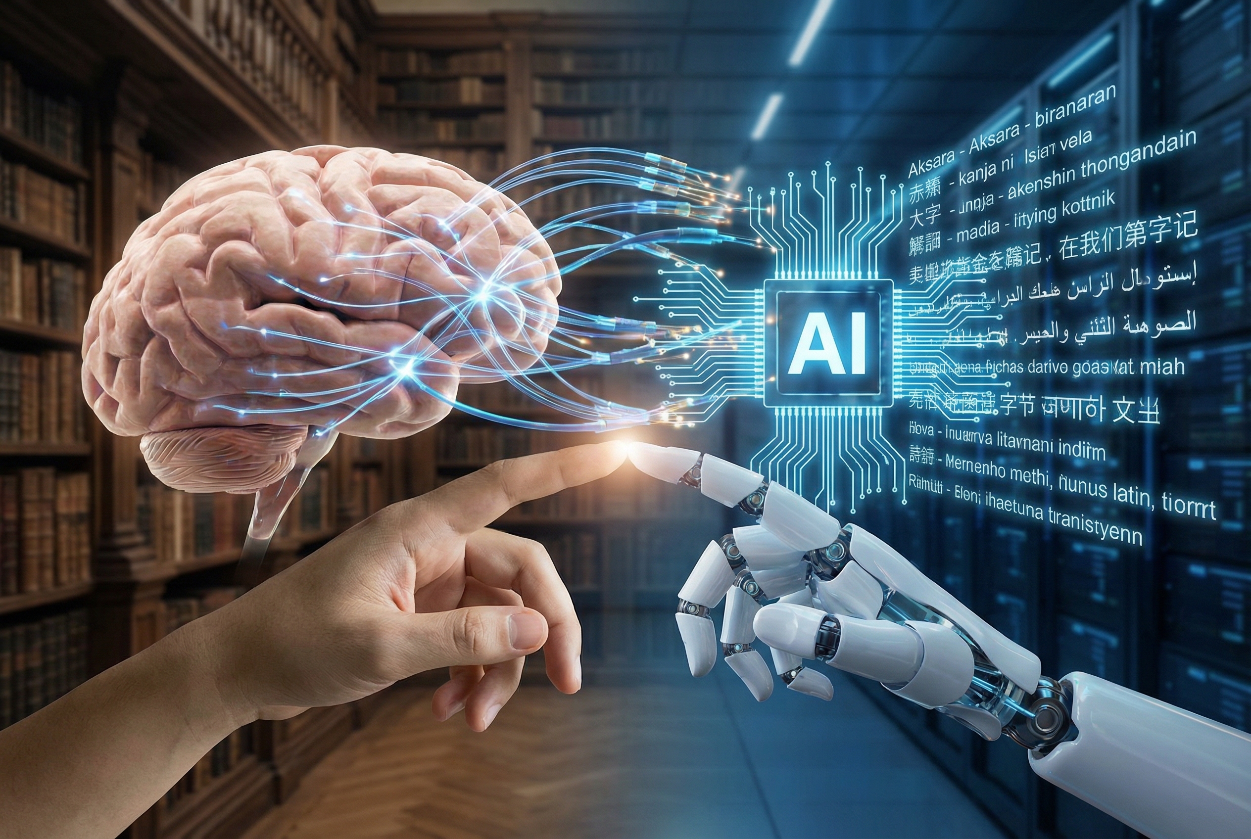 Representasi visual dari kolaborasi antara otak manusia dan sirkuit digital AI yang saling terhubung, melambangkan harmoni antara kecerdasan buatan dan keahlian manusia dalam penerjemahan bahasa.