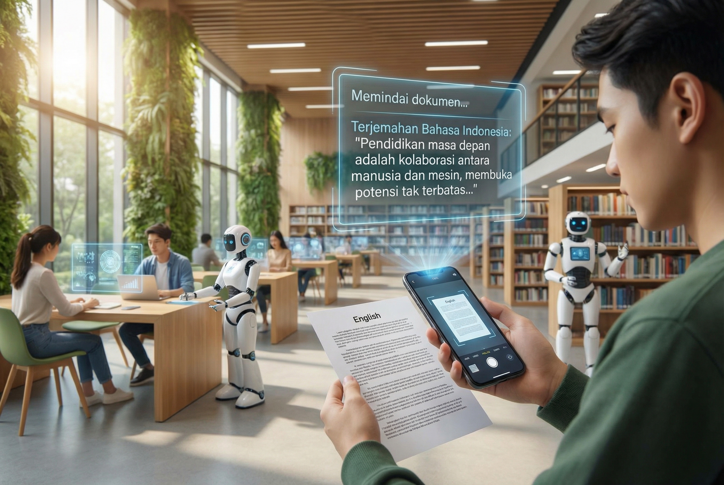 Seorang mahasiswa di perpustakaan modern sedang menggunakan smartphone untuk memindai dokumen bahasa Inggris, dengan proyeksi hologram teks bahasa Indonesia yang muncul di atas layar ponselnya, suasana futuristik dan edukatif.