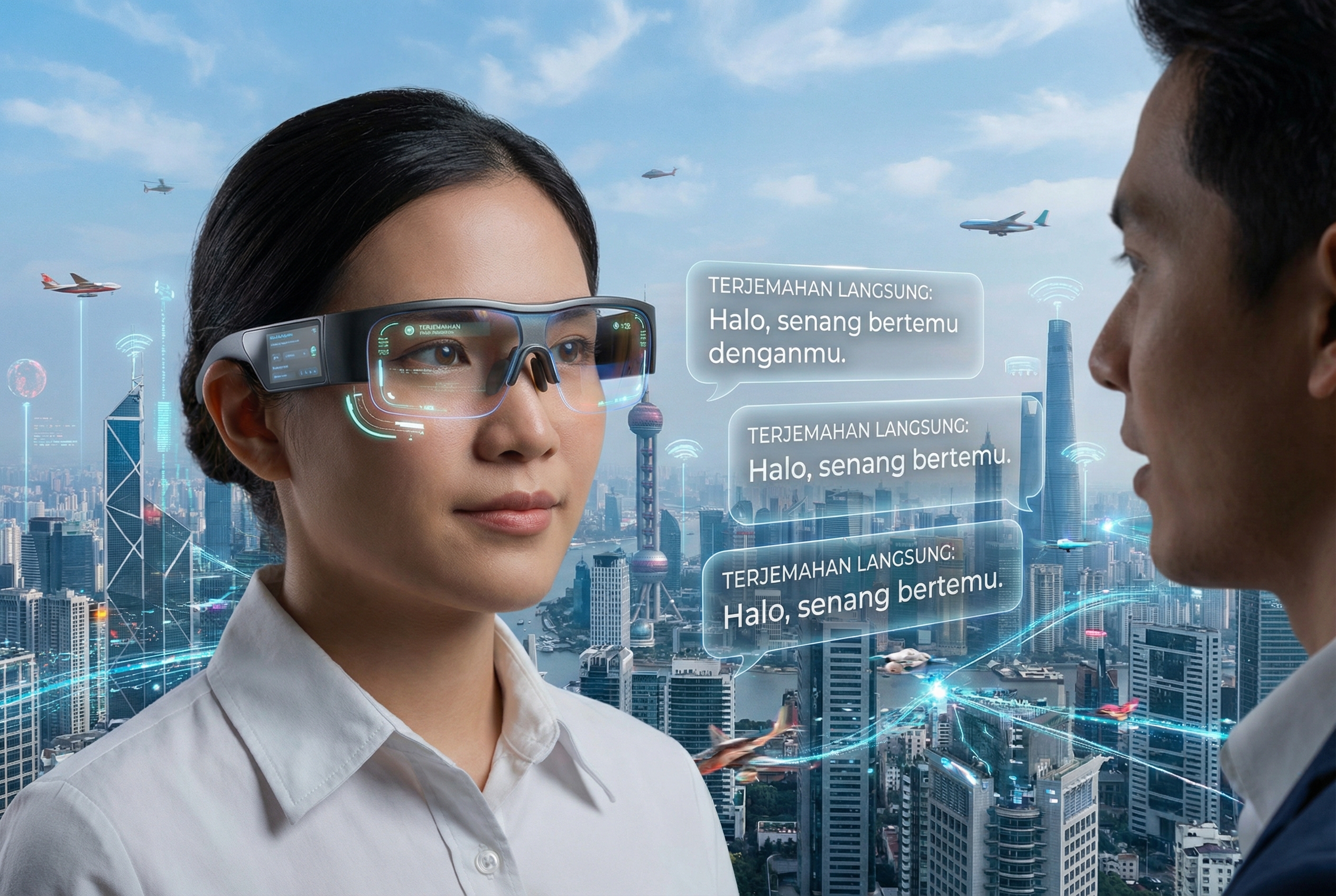 Visualisasi masa depan komunikasi lintas bahasa: seseorang menggunakan kacamata AR yang menampilkan teks terjemahan secara real-time saat lawan bicaranya berbicara, latar belakang pemandangan kota global yang saling terhubung.