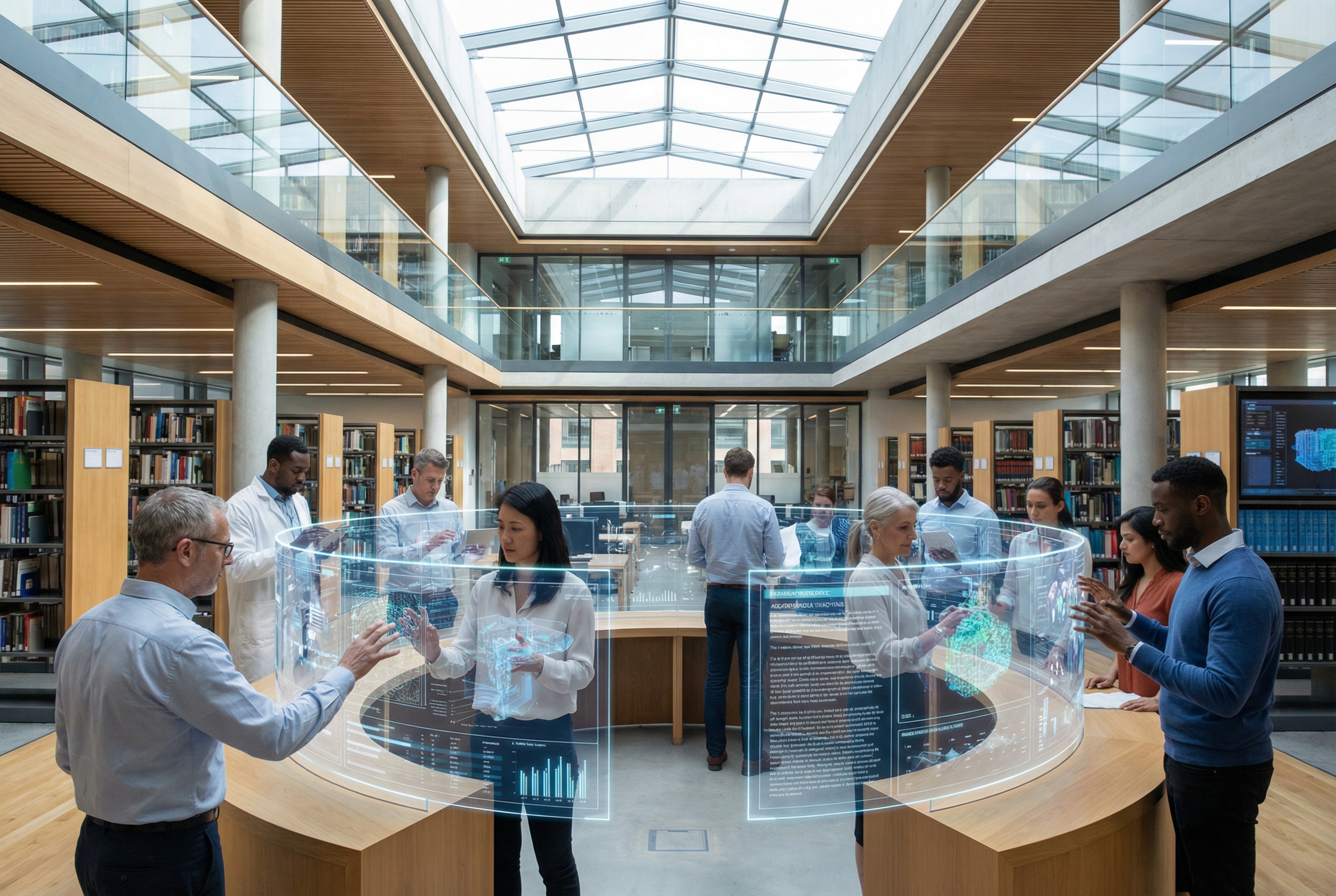 A modern digital library setting where a diverse group of researchers is analyzing data on transparent holographic screens, representing the clarity and depth of expository information sharing.