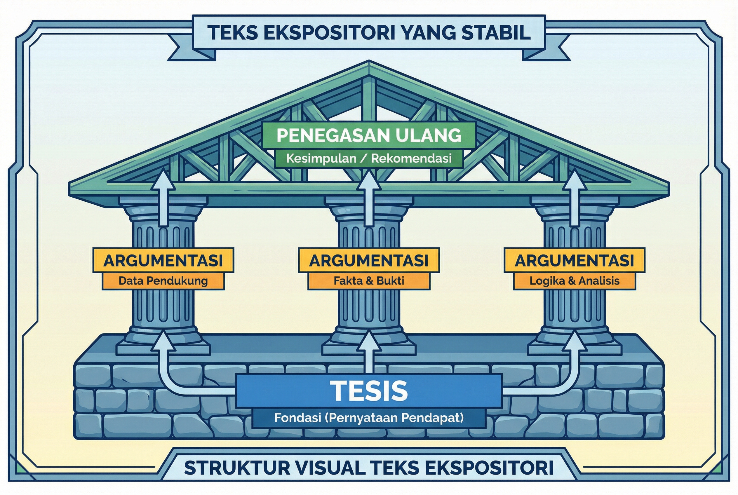 An infographic-style visualization of a building structure where the foundation is labeled Tesis, the main pillars are labeled Argumentasi, and the roof is labeled Penegasan Ulang, symbolizing the stability of an expository text.