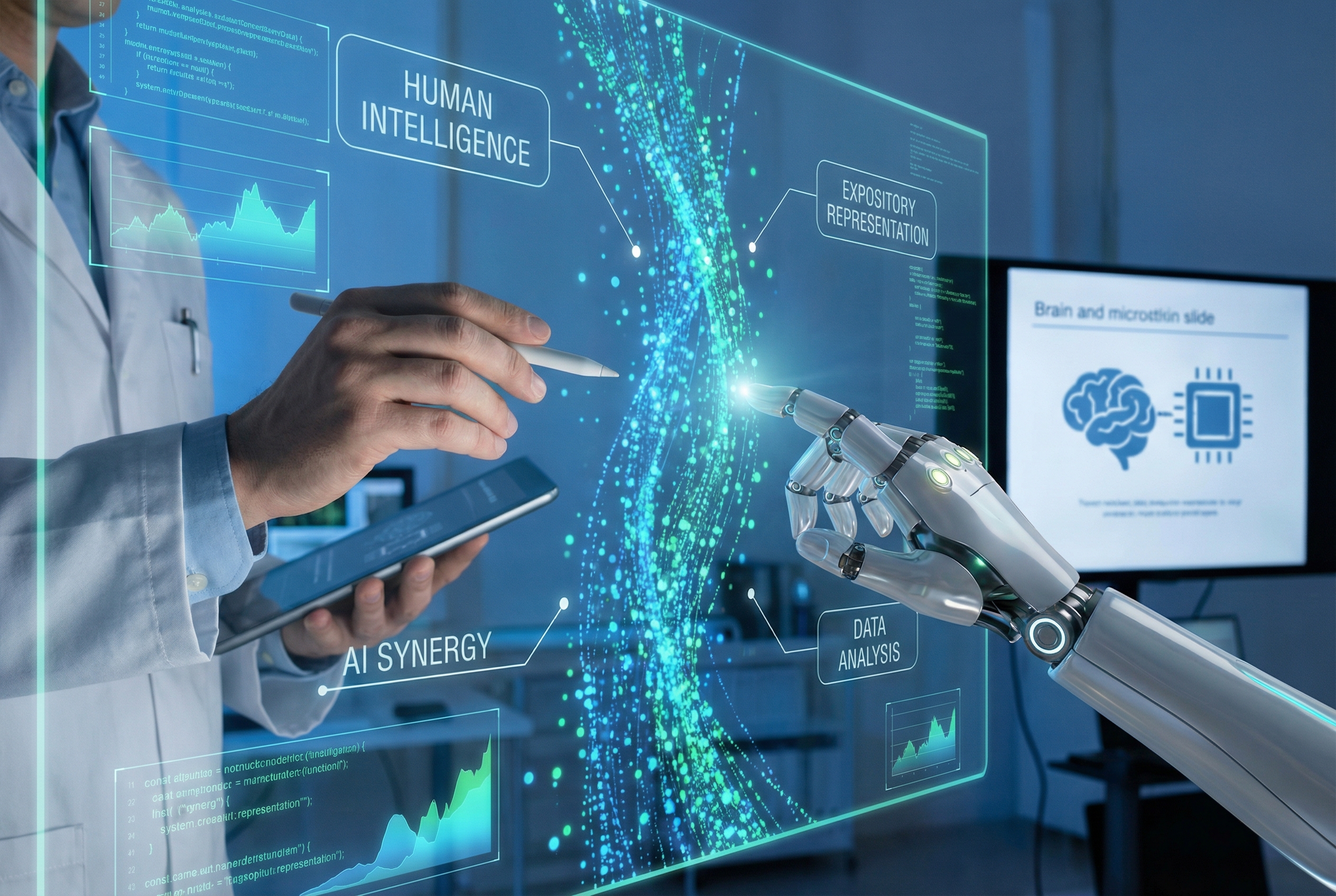 A visual representation of a human hand and a robotic hand coming together to analyze a stream of digital data, illustrating the synergy between human intelligence and AI in an expository context.