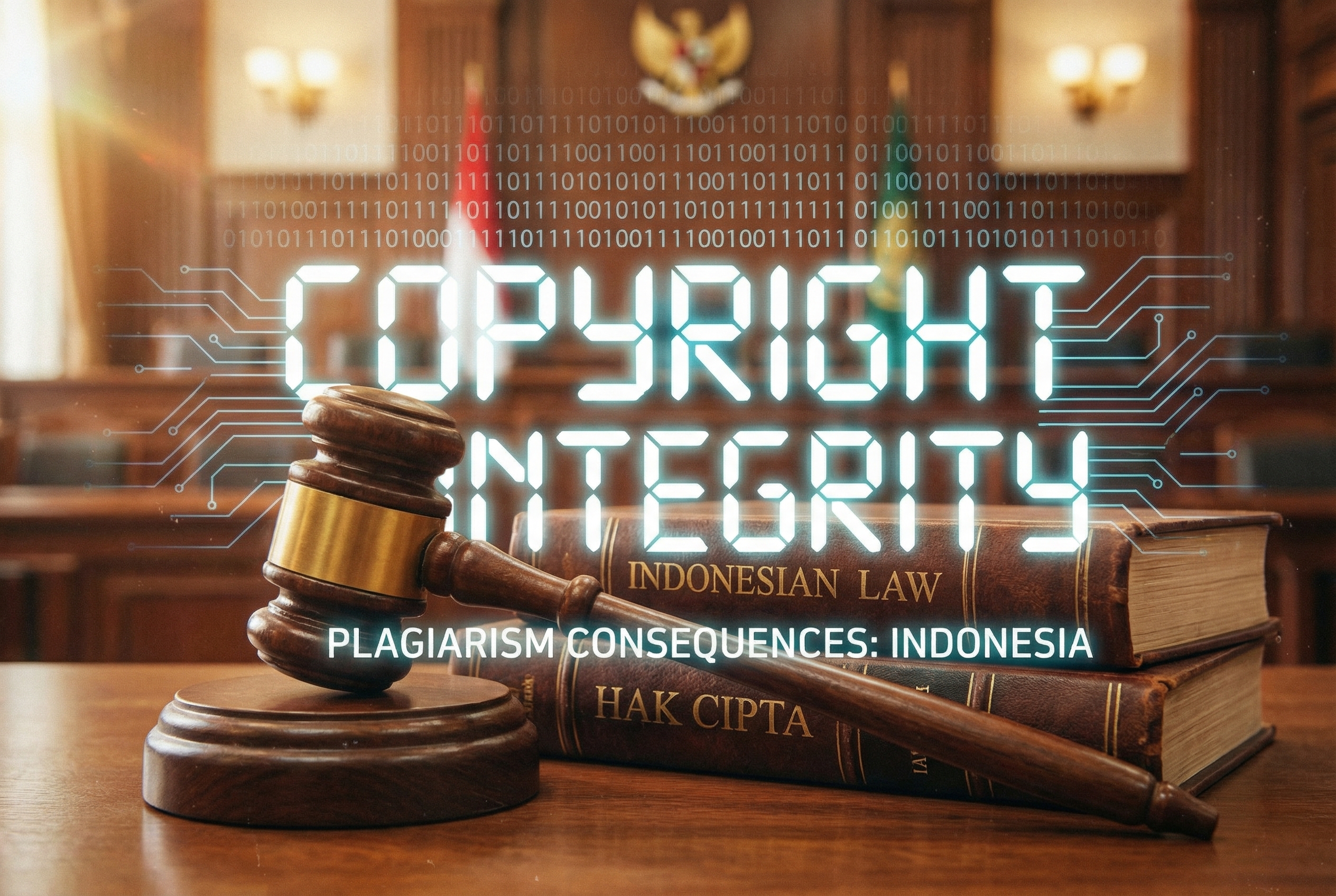 A cinematic high-quality visual of a judge's gavel resting on a stack of law books, with a digital overlay of binary code and text highlighting 'Copyright' and 'Integrity', symbolizing the legal consequences of plagiarism in Indonesia.