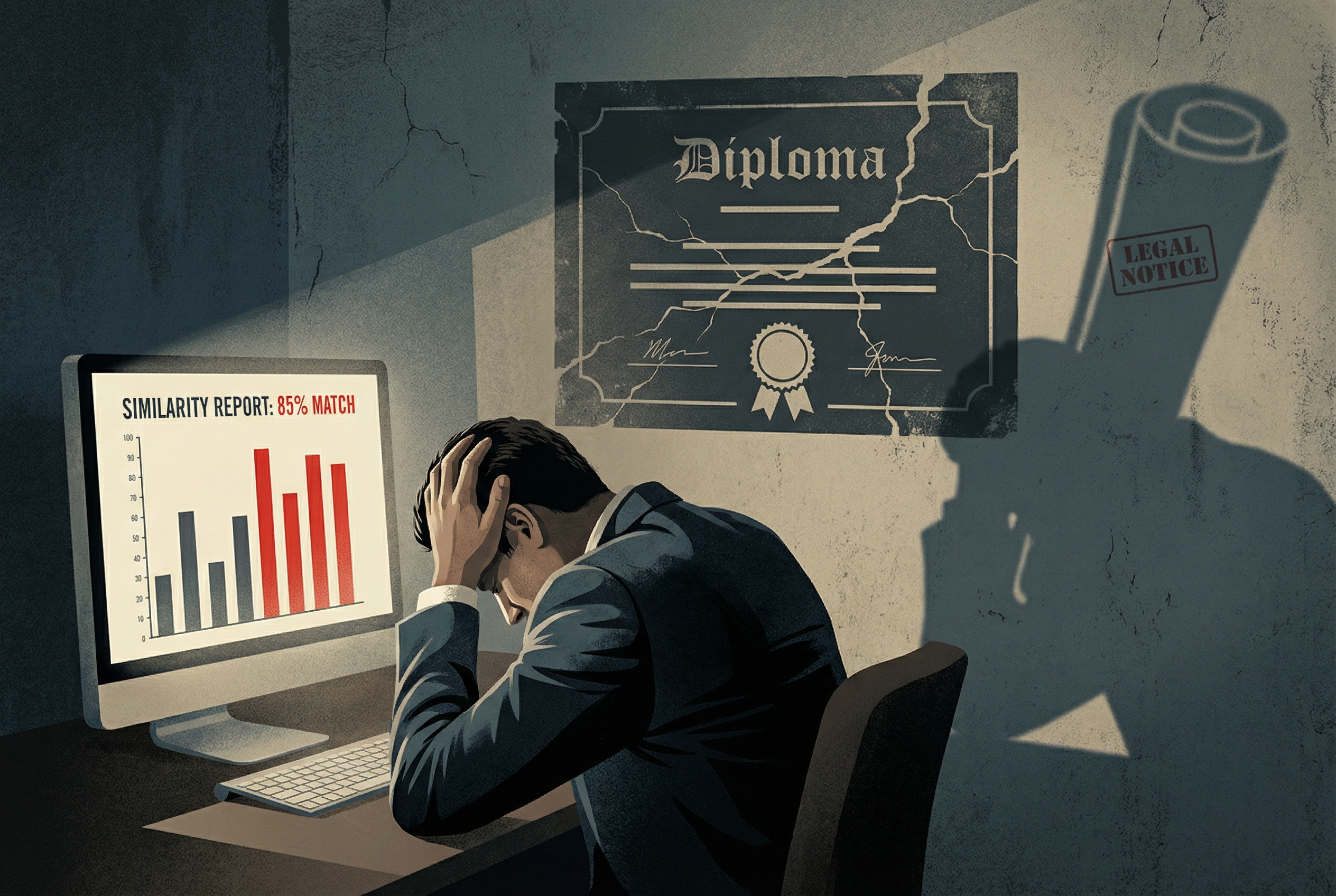An illustrative scene of a professional looking distressed at a computer screen showing a 'Similarity Report' with high red bars, while a silhouette of a crumbling diploma and a shadow of a legal document loom in the background.