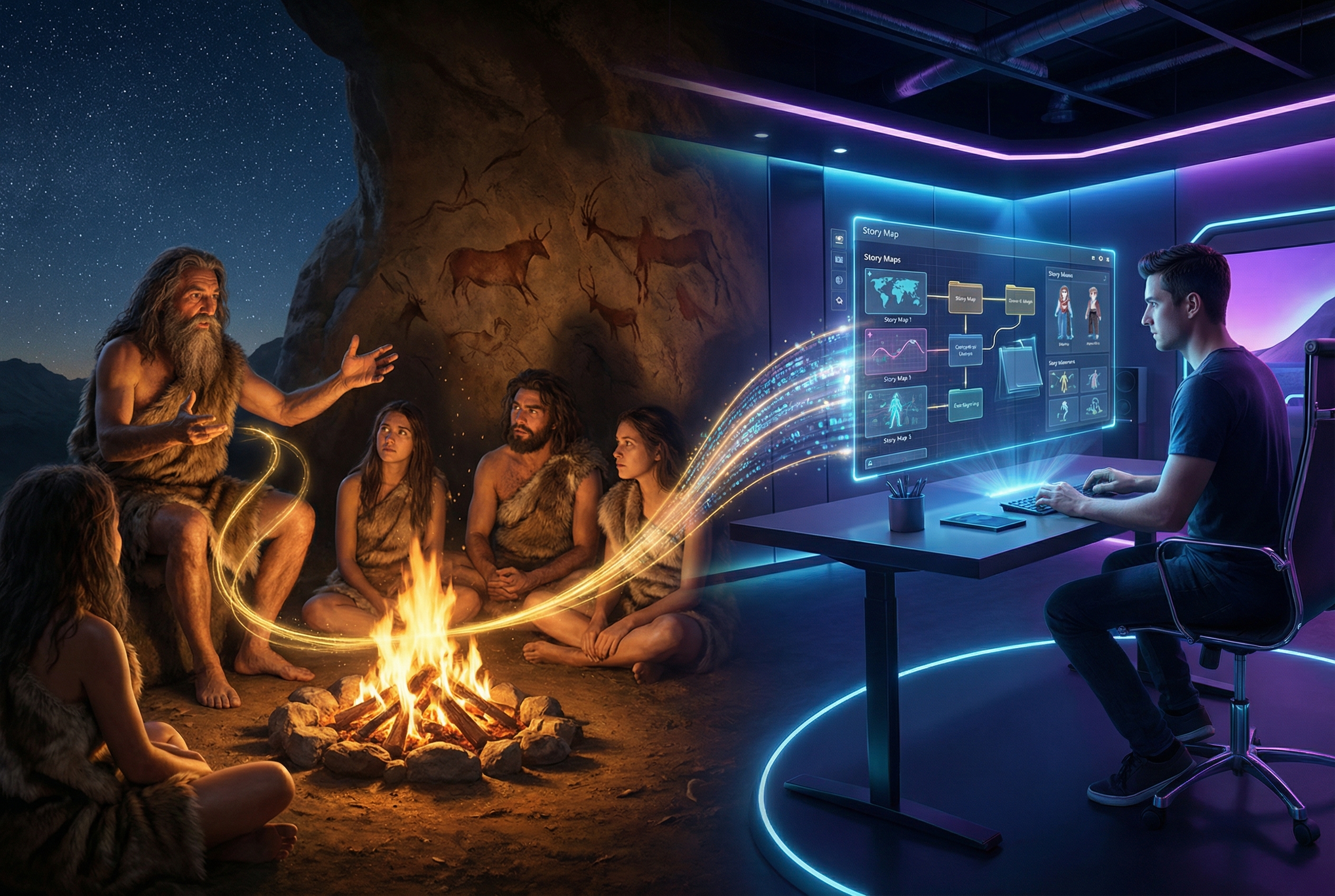 A visual representation of storytelling evolution, showing an ancient storyteller speaking to a group around a campfire transitioning into a modern digital creator working on a holographic interface, symbolizing the timeless nature of narrative.
