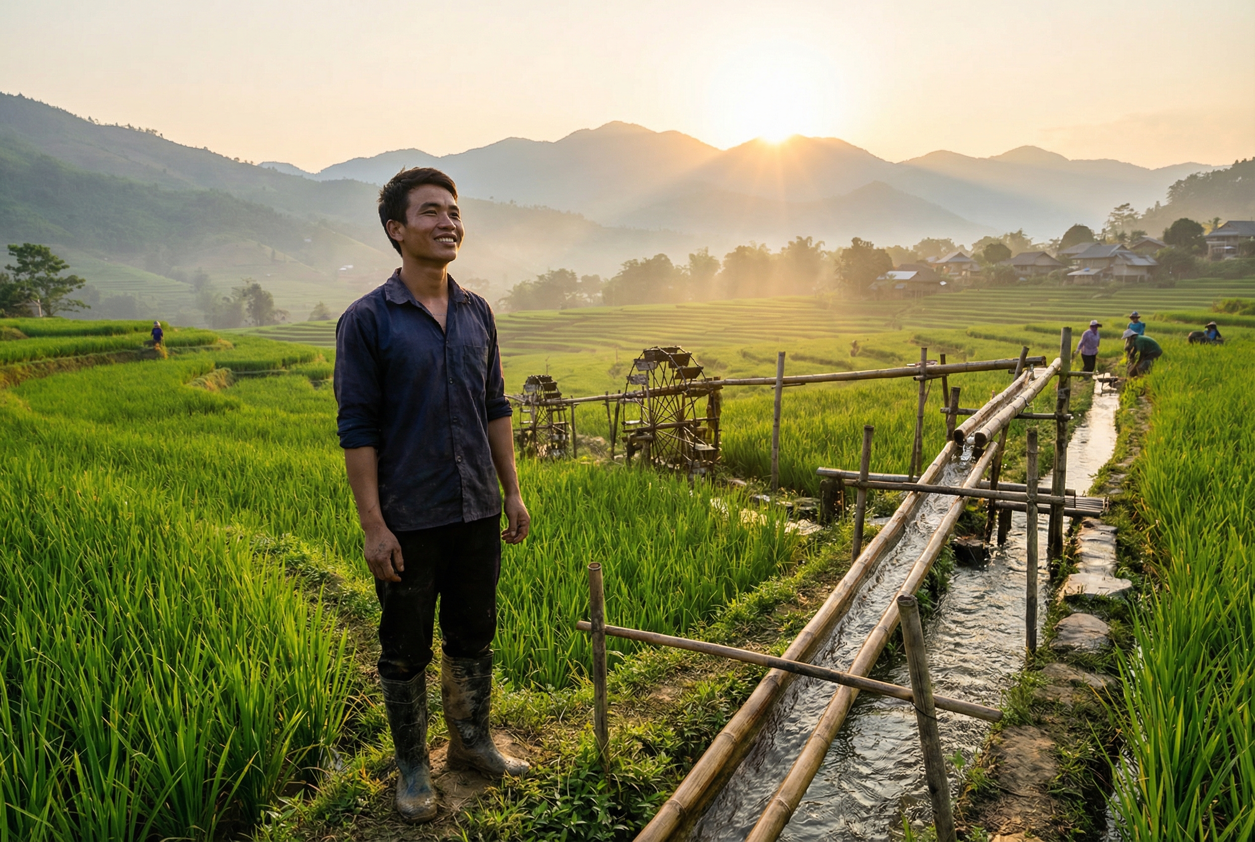 A visual scene depicting the example story: a young man standing in a lush green terraced field with a traditional irrigation system, looking at the sunrise with a hopeful expression, symbolizing resolution and hope.