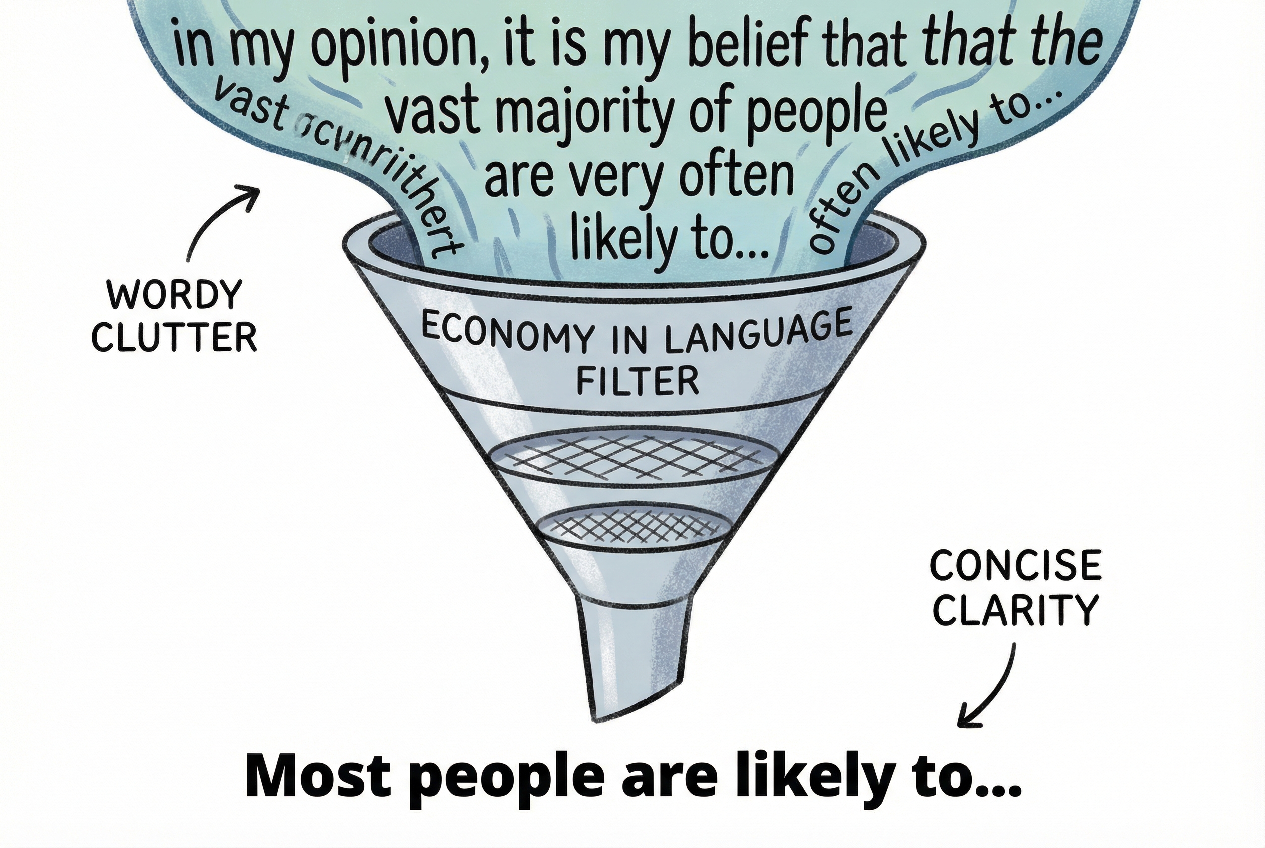 An educational illustration showing a cluttered sentence being filtered through a funnel into a clear, sharp, and concise sentence, symbolizing the principle of economy in language.