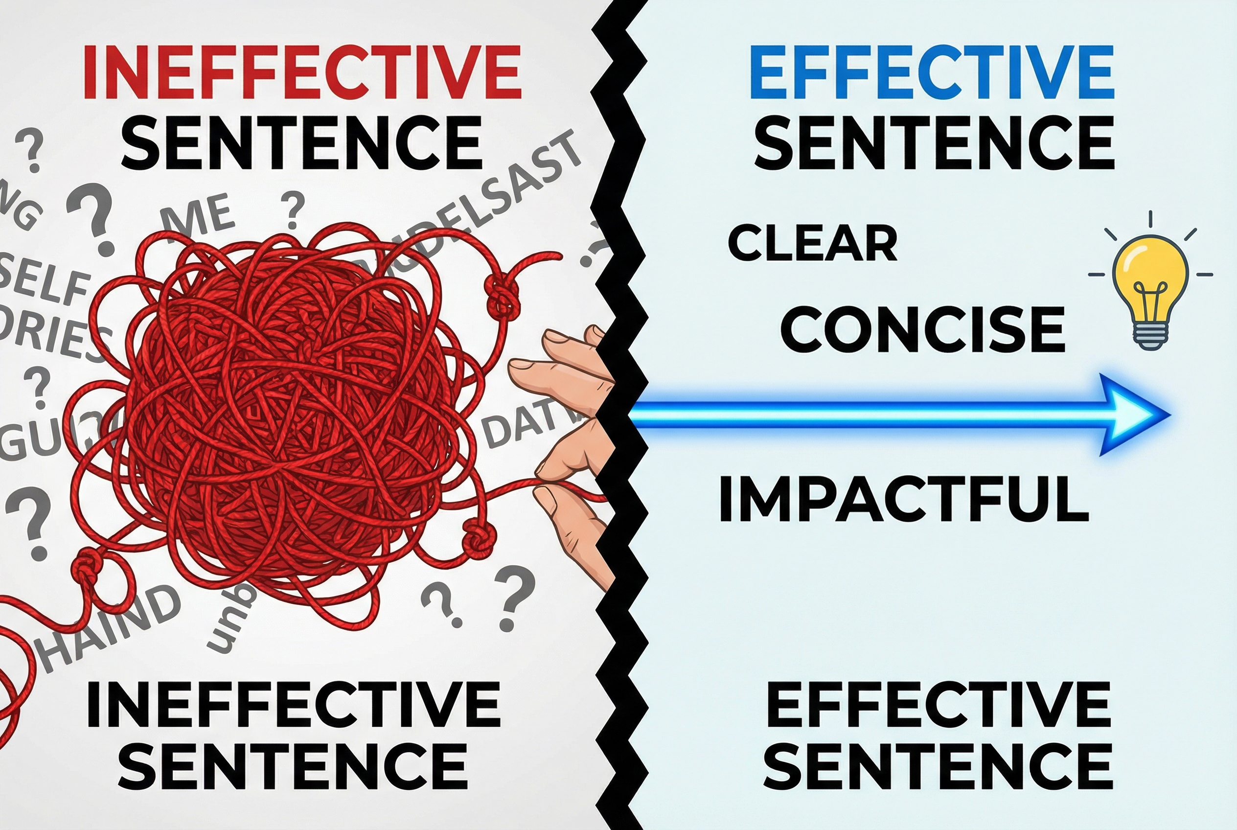 A split-screen comparison visual: on one side a messy, tangled red string representing an ineffective sentence, and on the other side a straight, glowing blue line representing an effective sentence.
