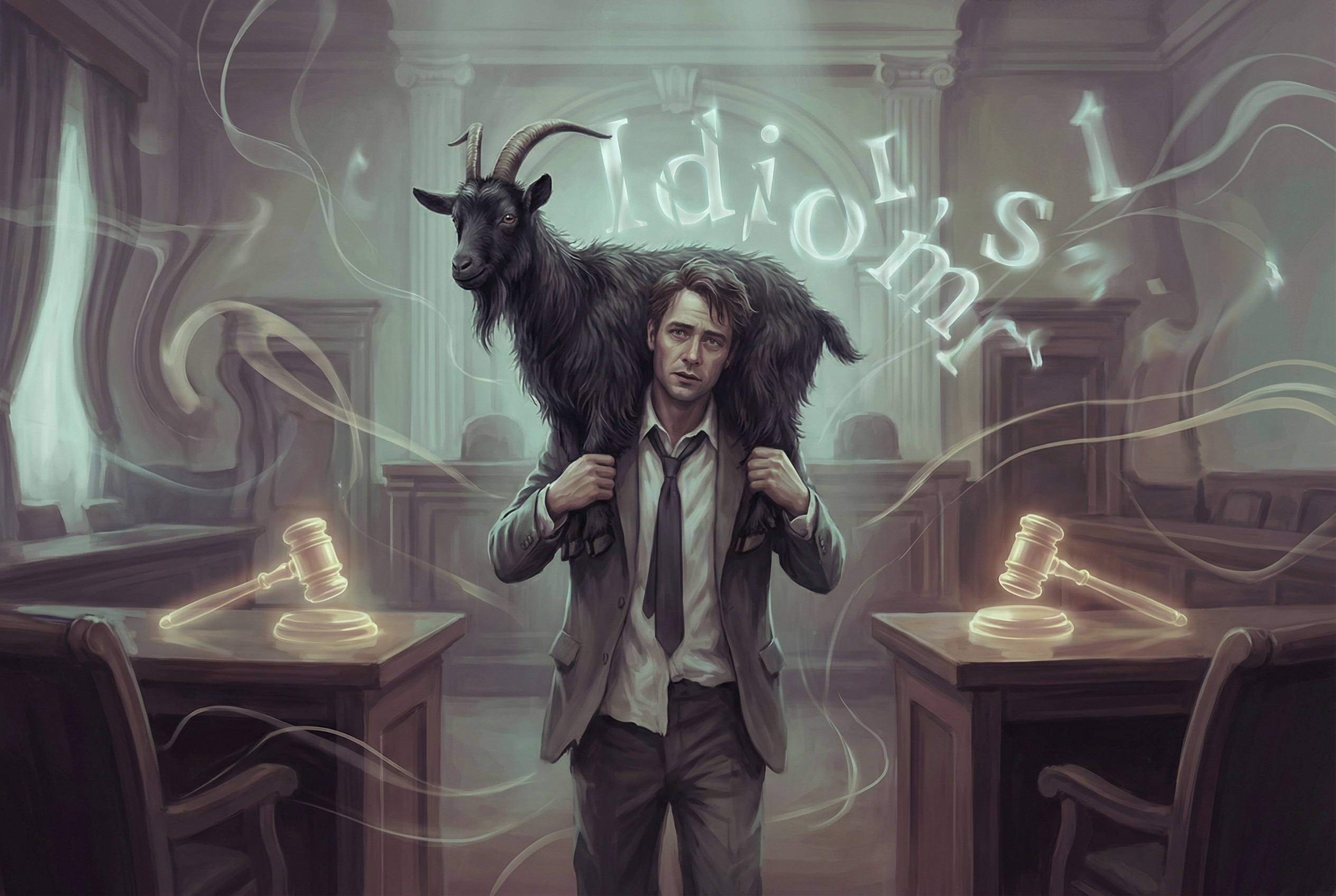 A surreal digital illustration showing a man literally carrying a black goat on his back while standing in a courtroom, representing the Indonesian idiom 'kambing hitam', with floating English letters forming 'Idioms' in the background.
