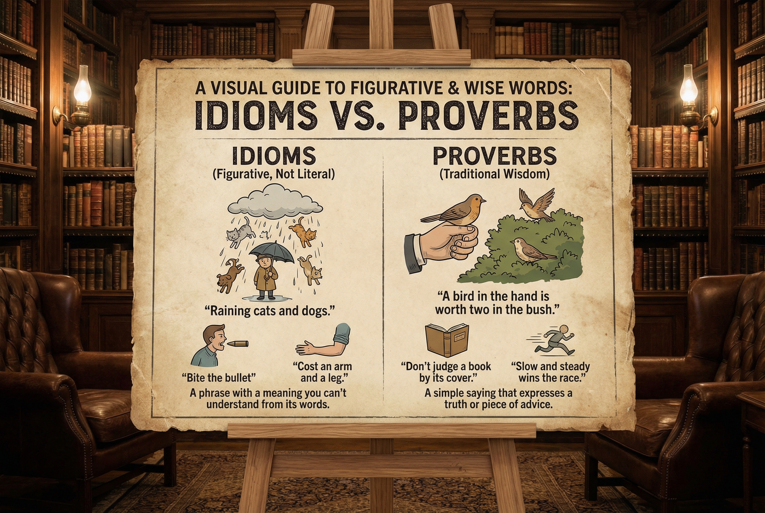 An infographic poster in a vintage library setting comparing 'Idioms' vs 'Proverbs', with clear visual examples like a raining cat and dog for idiom and a bird in hand for proverb.