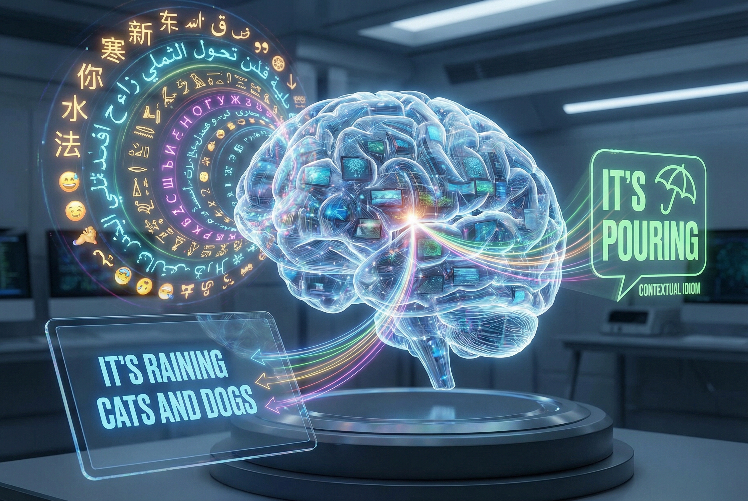 A futuristic depiction of an AI brain processing a complex web of cultural symbols and text from different languages, showing the transformation of a literal phrase into a contextual idiom.