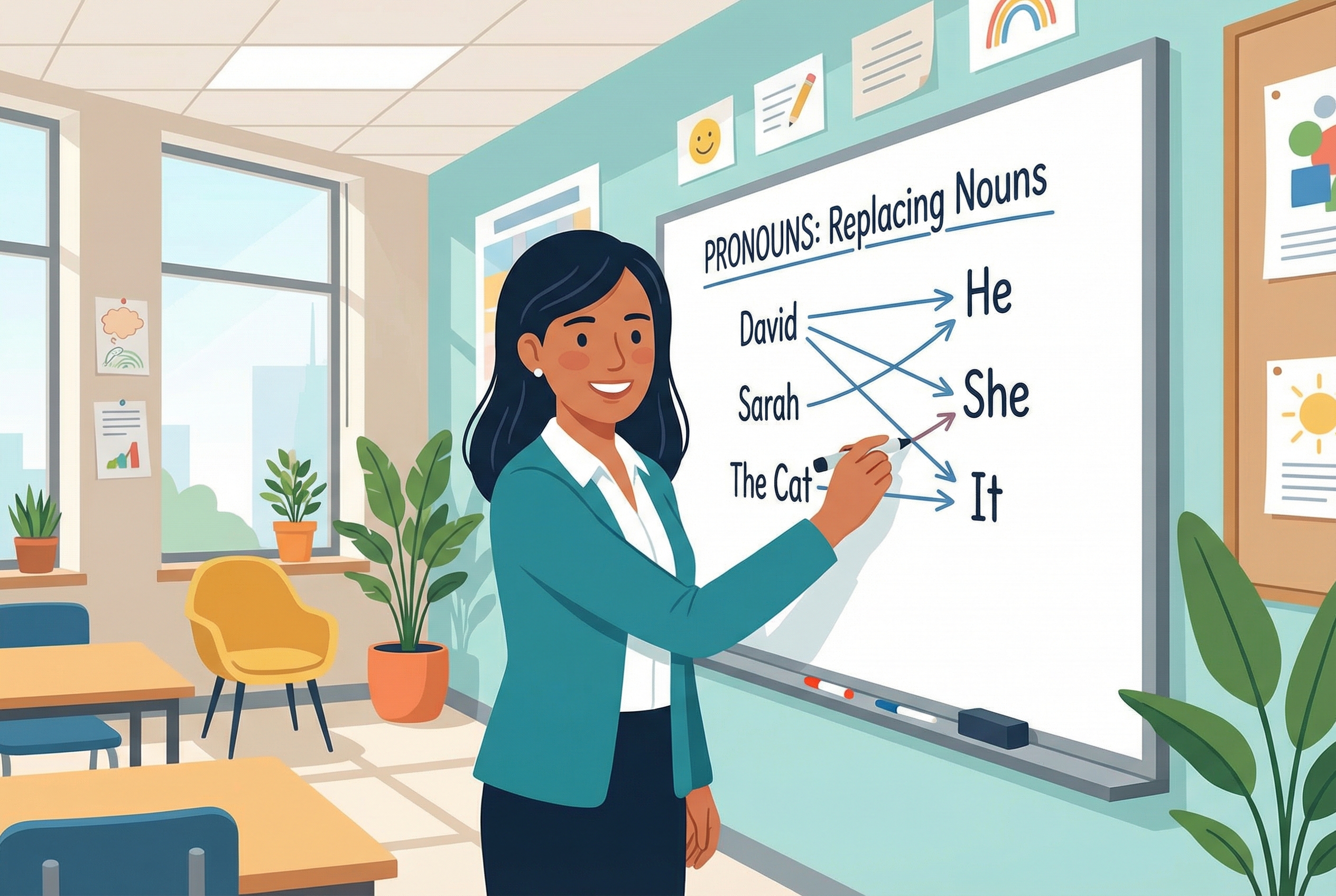 An educational illustration showing a person writing on a whiteboard with diagrams connecting nouns to pronouns, symbolizing the replacement of names with words like 'he', 'she', or 'it' in a clean, modern classroom setting.