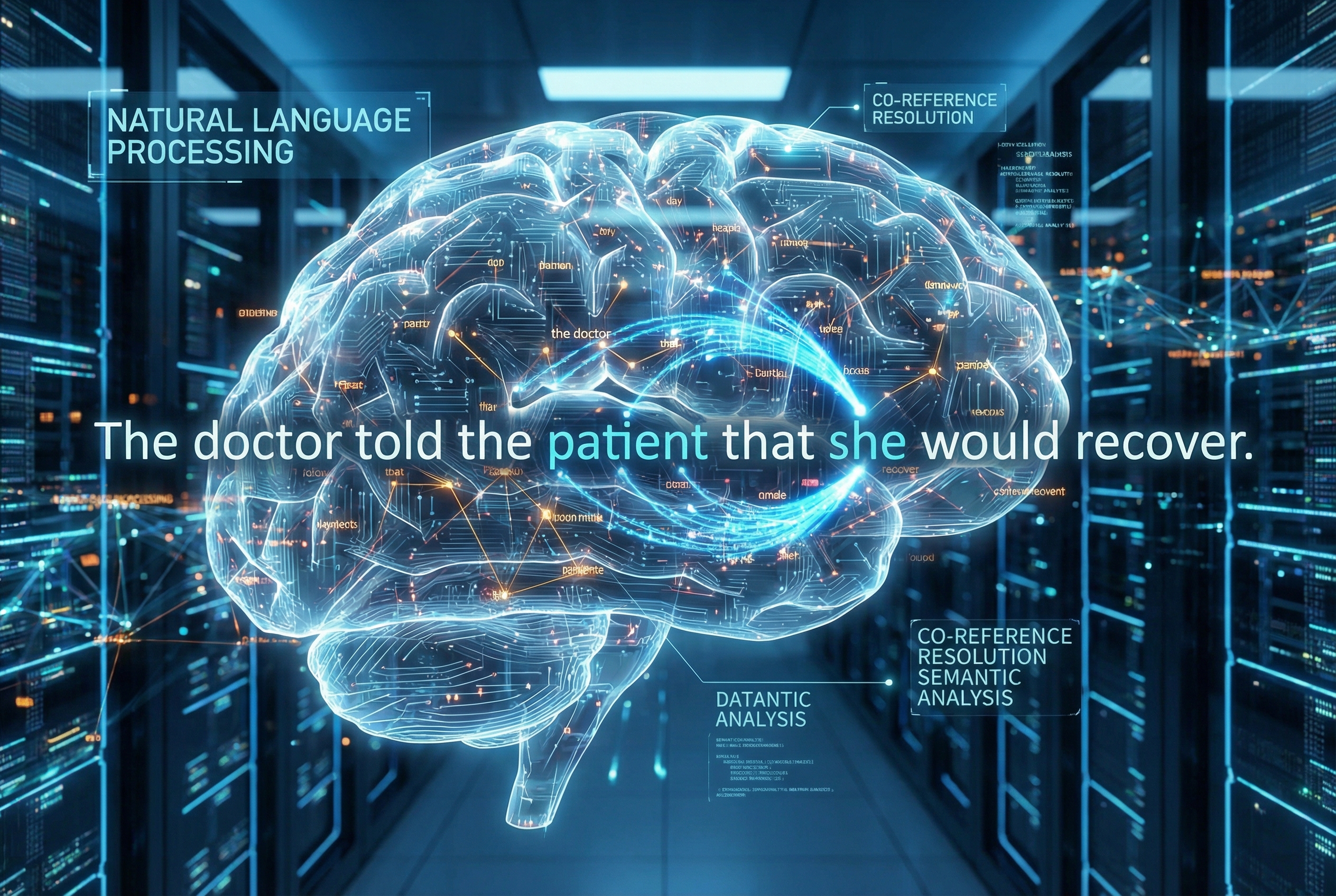A futuristic visualization of an AI brain processing a sentence, highlighting the connections between pronouns and their nouns in a digital web of information, representing natural language processing.