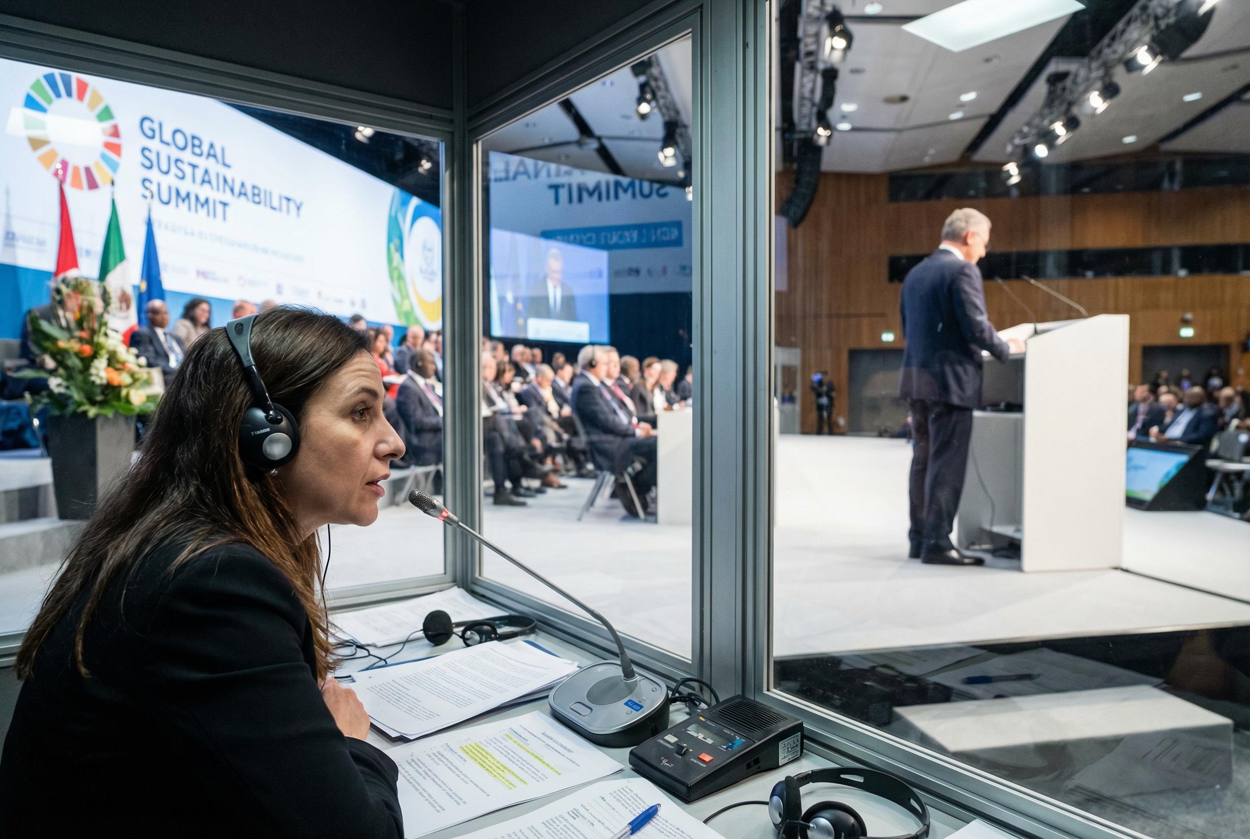 Seorang interpreter wanita mengenakan headset di dalam booth kaca kedap suara pada sebuah konferensi internasional, berbicara dengan serius sambil memperhatikan pembicara di podium besar di latar belakang.