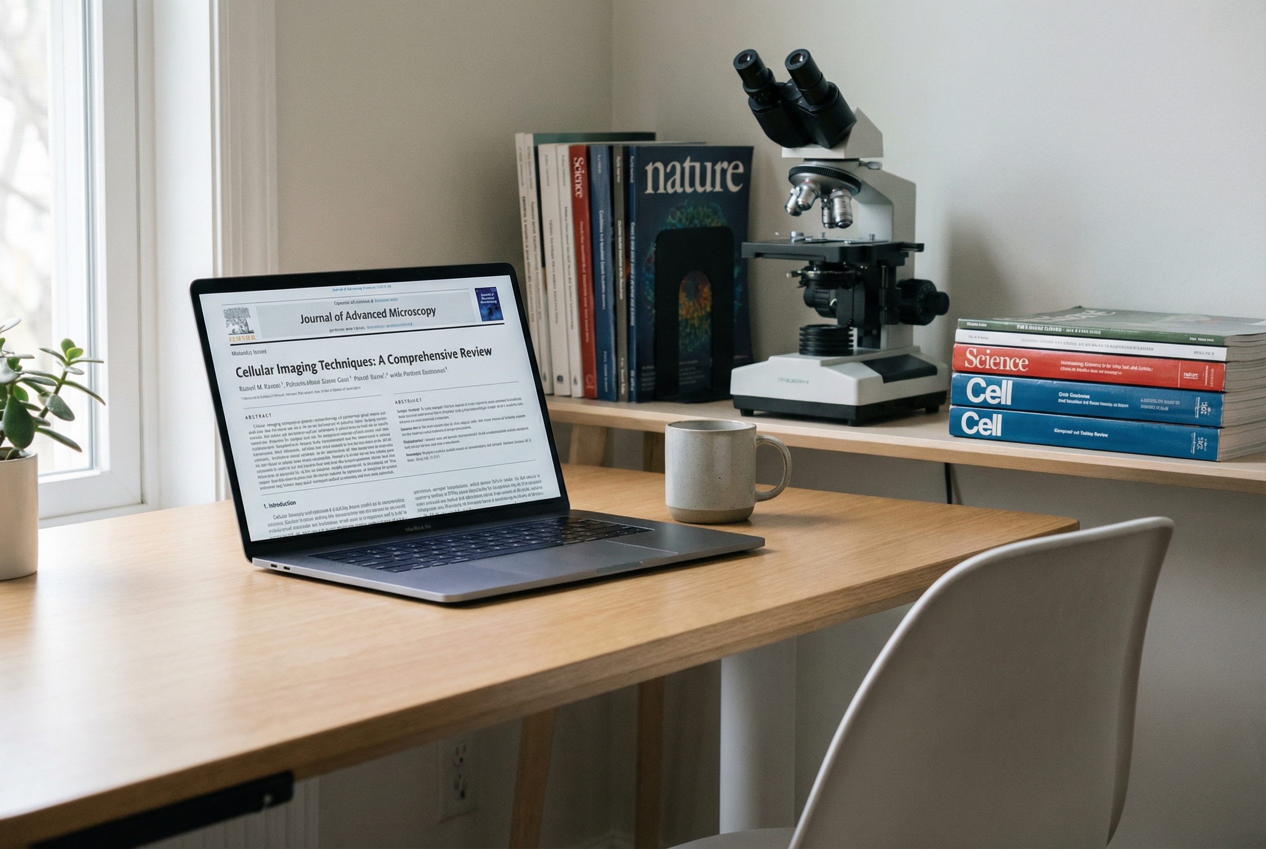 A clean, minimalist workspace showing a professional laptop screen displaying a structured scientific paper layout, with a microscope and a stack of academic journals in the background, soft natural lighting, high quality 4k photography