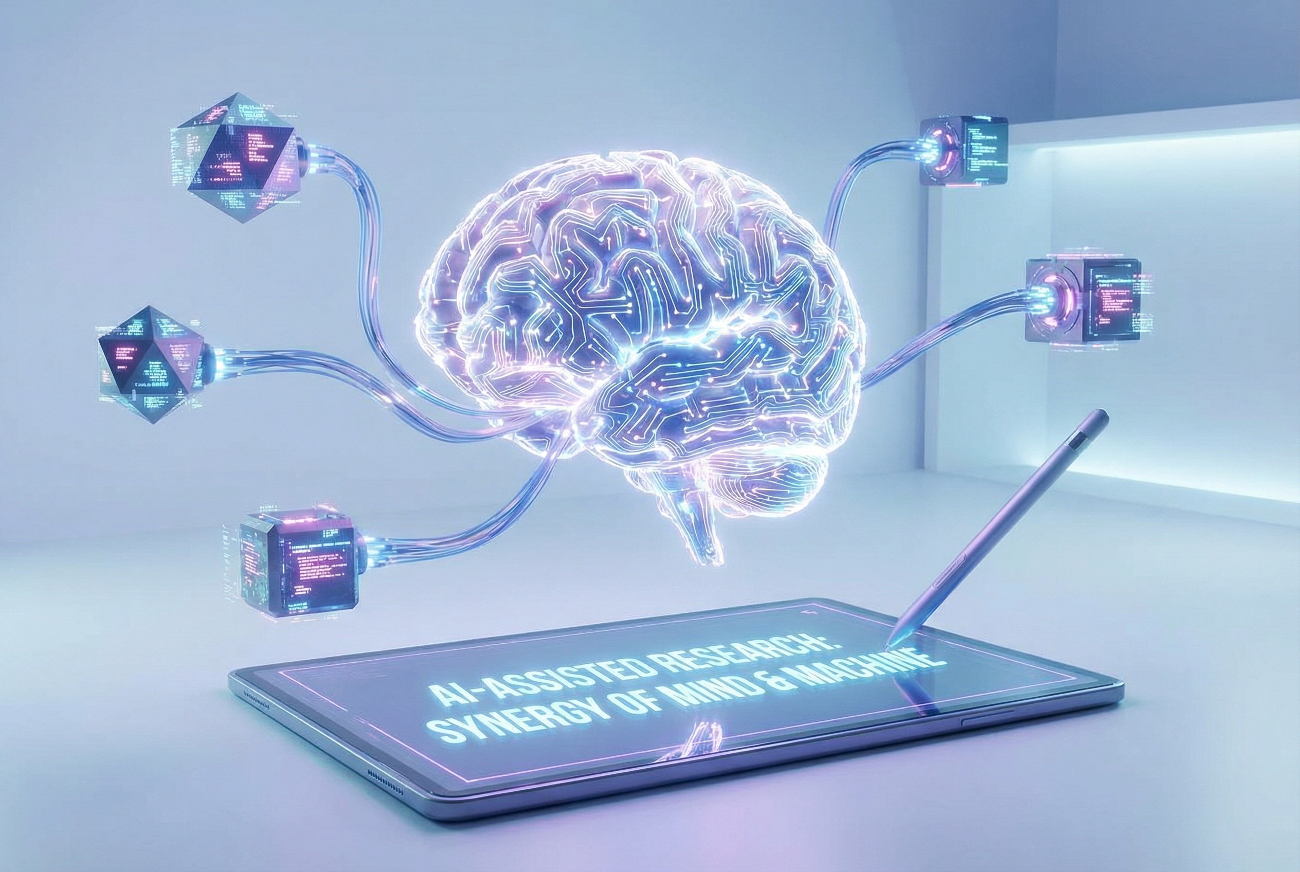 A conceptual 3D illustration of a human brain connected to digital data nodes and a pen writing on a digital document, symbolizing the synergy between human intellect and AI technology in scientific research, futuristic and clean aesthetic