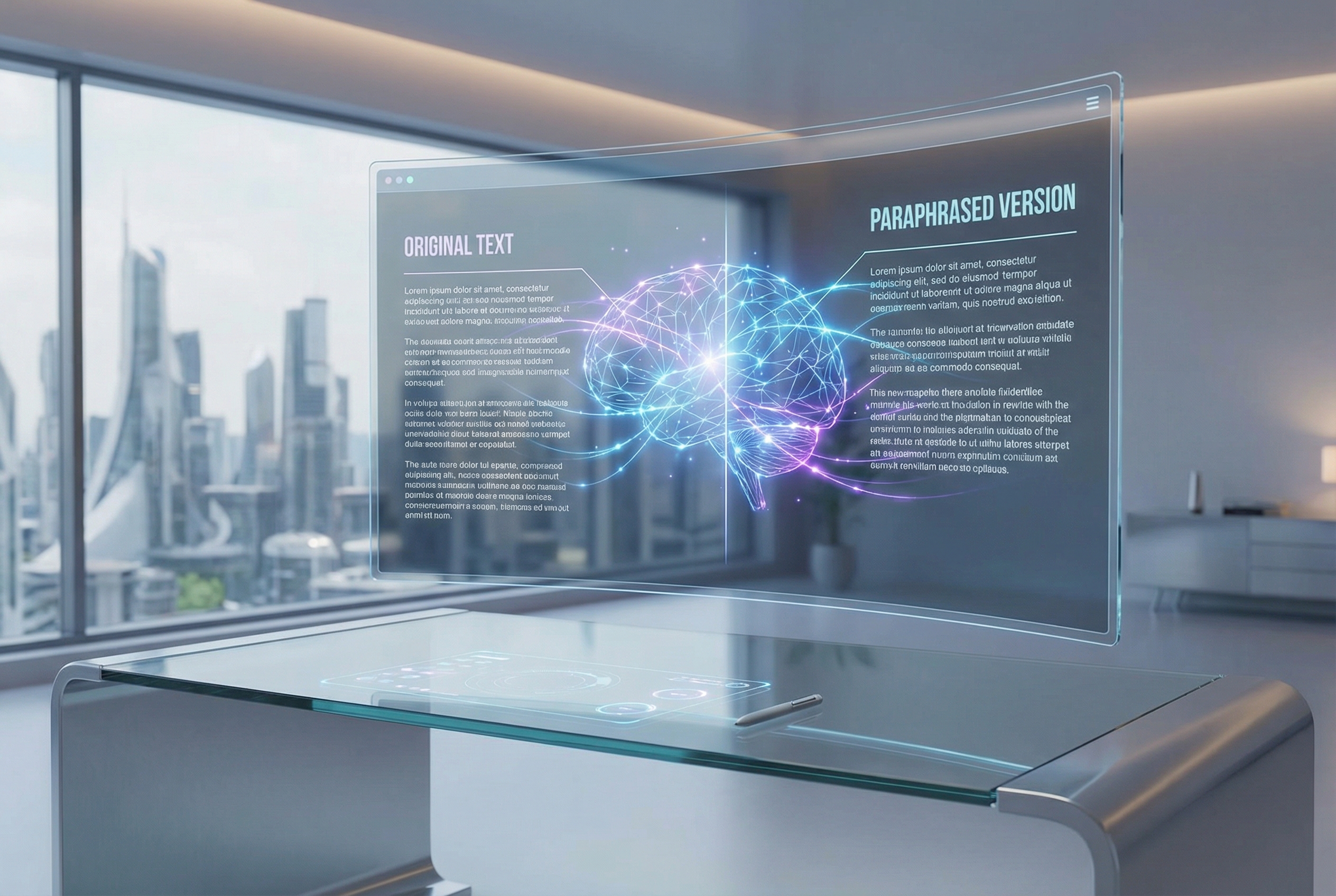 A futuristic digital workspace with a clean interface showing a split-screen comparison between an original text and a paraphrased version, with glowing AI neural network lines connecting the two, representing intelligent automatic rewriting.