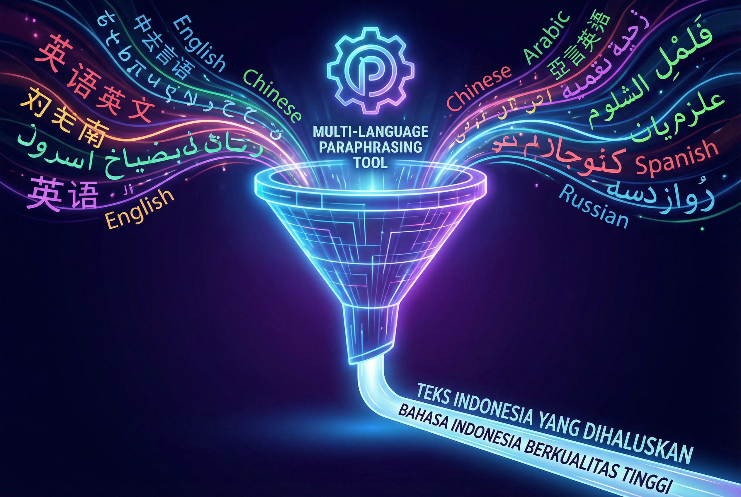 A visual representation of multiple world languages flowing into a digital funnel and emerging as polished, clear Indonesian text, symbolizing a high-quality multi-language paraphrasing tool.