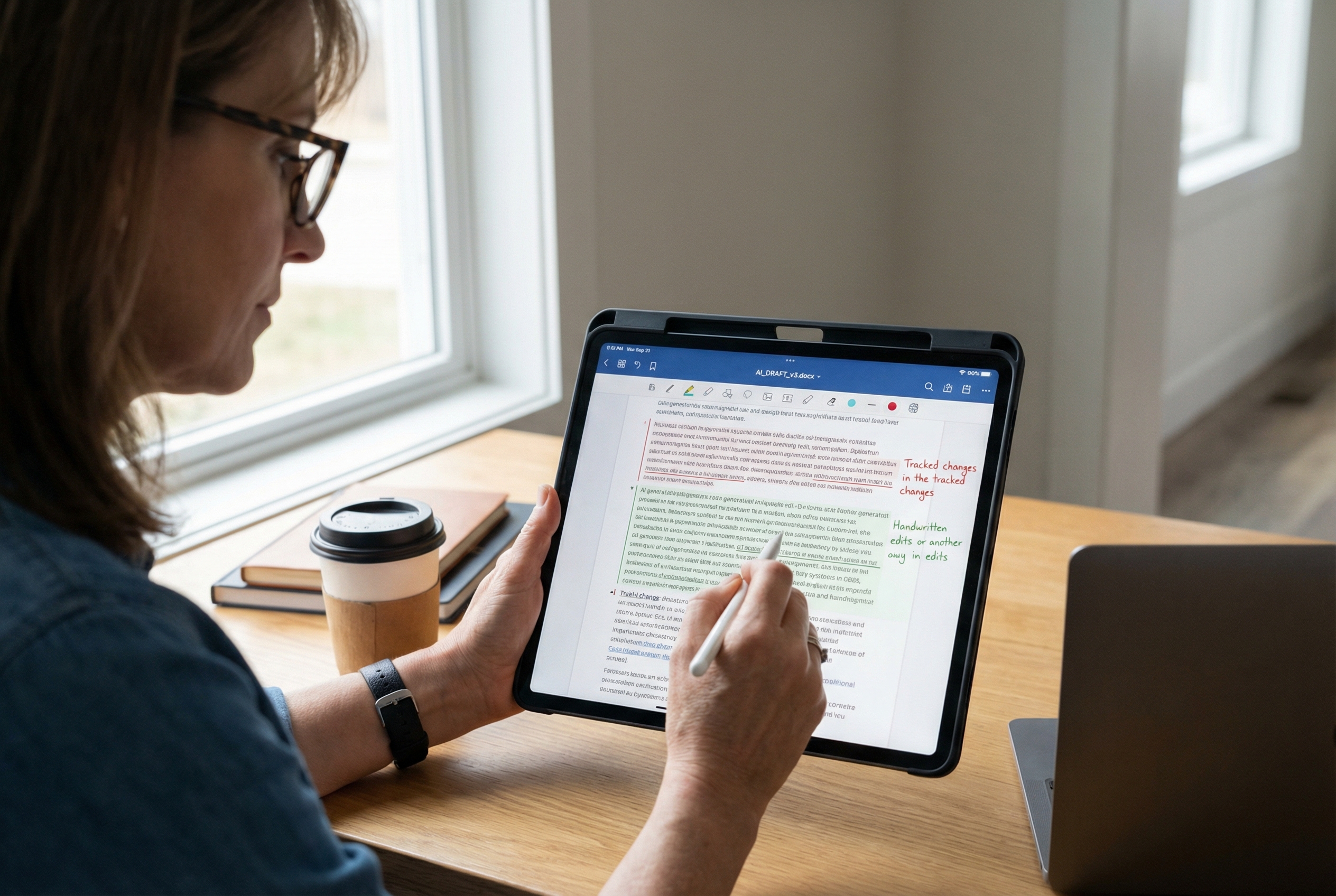 A professional writer meticulously reviewing text on a tablet screen, with a digital pen in hand, illustrating the critical balance between AI-generated content and human oversight/editing.