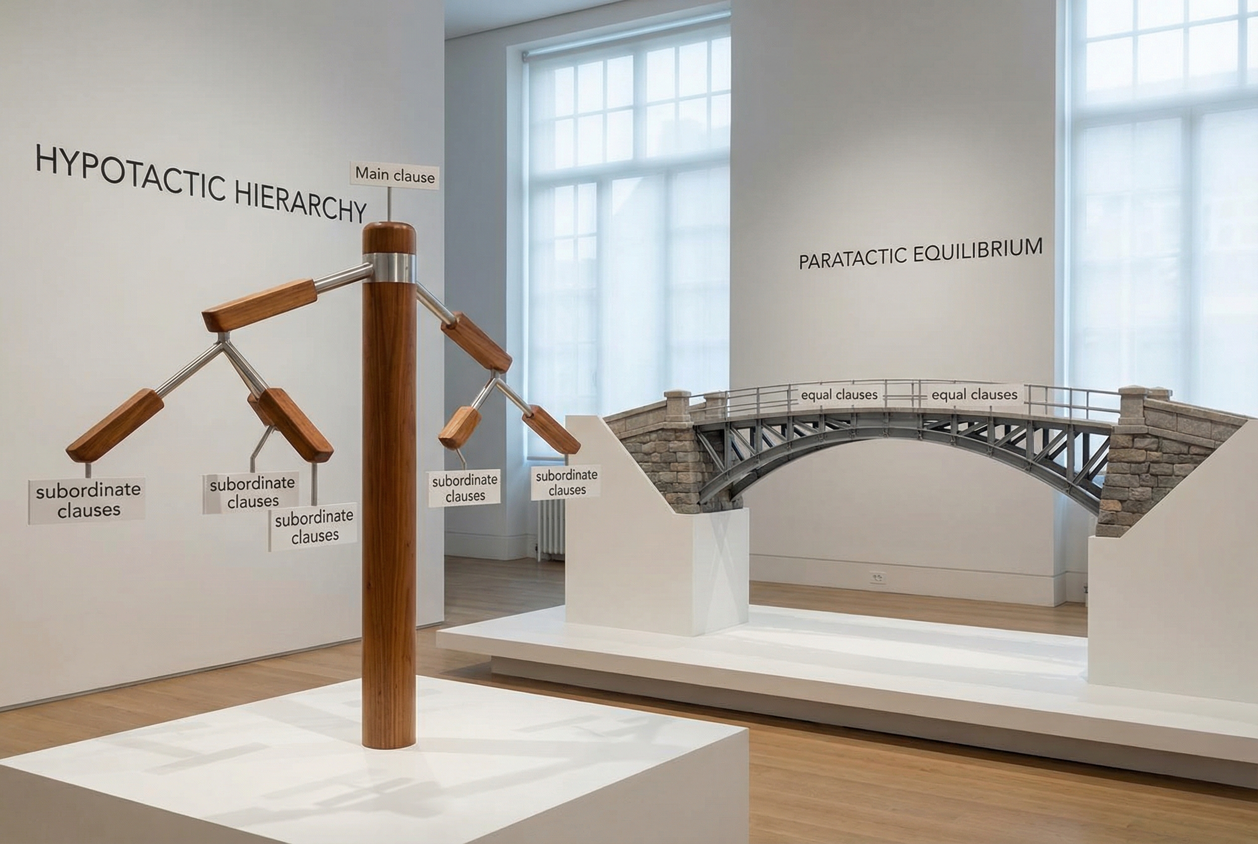 A visual representation of linguistic structures showing a hierarchical tree for hypotactic sentences and a balanced bridge for paratactic sentences, with a professional minimalist aesthetic.