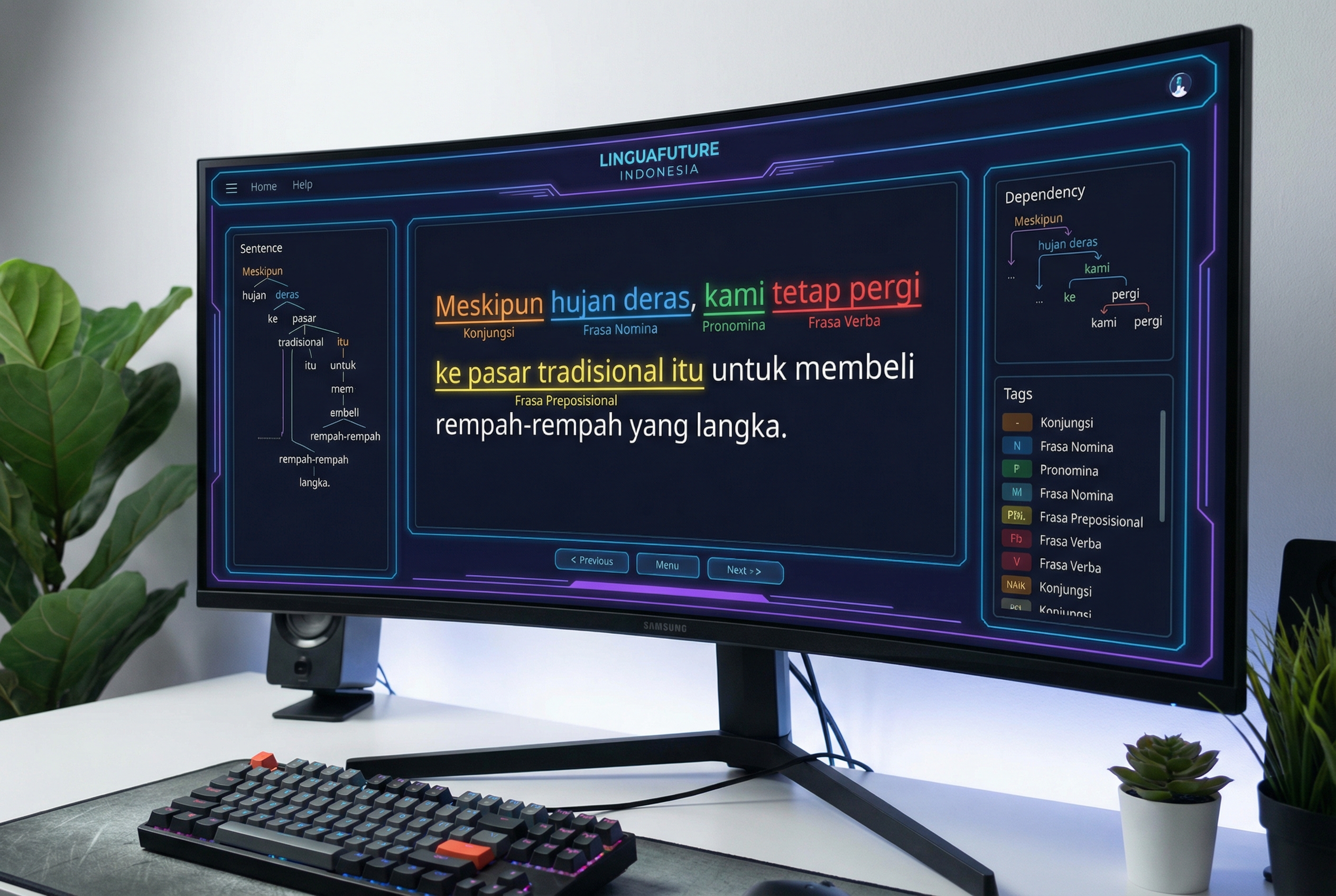 A computer screen displaying a linguistic analysis tool highlighting different parts of speech and sentence structures in Indonesian, with a clean and futuristic UI design.