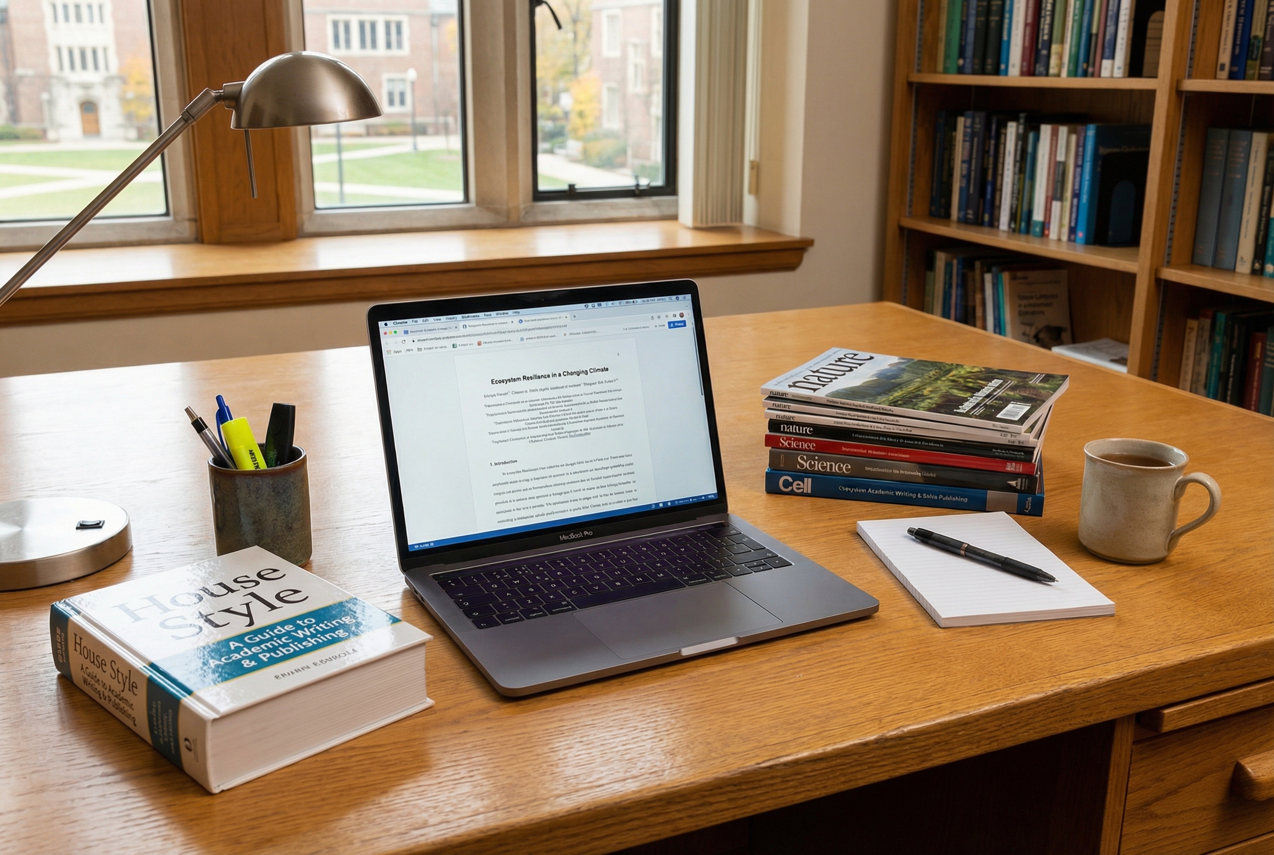 A professional and clean workspace showing a laptop with a scientific manuscript open next to several printed academic journals and a guide book titled House Style. The atmosphere is academic and organized.