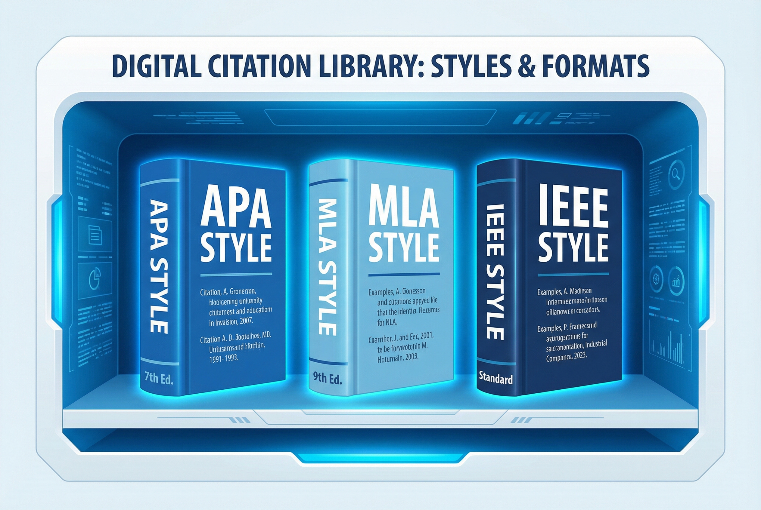An infographic illustration showcasing different citation styles like APA, MLA, and IEEE as labeled books on a digital library shelf. The design is modern, educational, and uses a clean blue and white color palette.