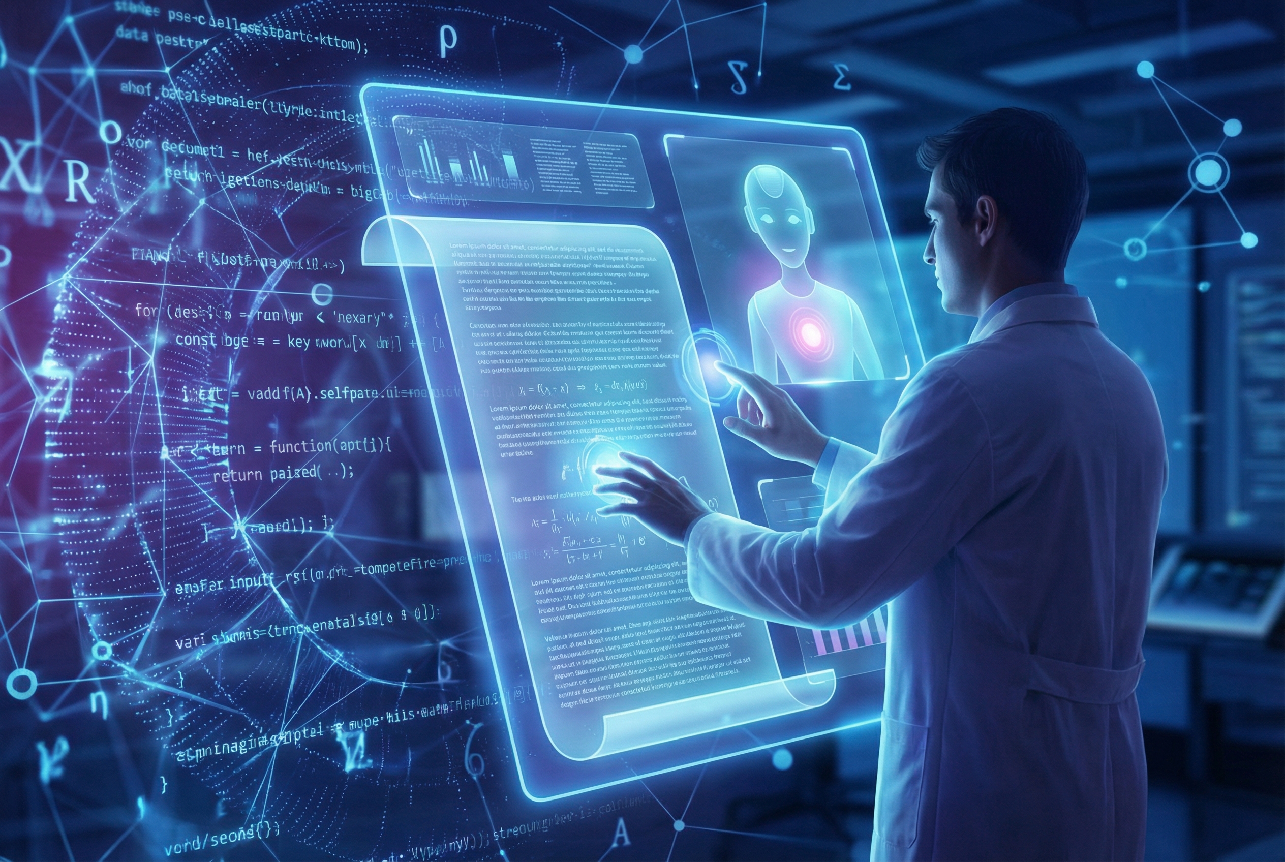 A futuristic concept art of an AI assistant, visualized as a translucent holographic interface, helping a human researcher format a complex scientific paper. The background shows glowing lines of code and academic symbols.