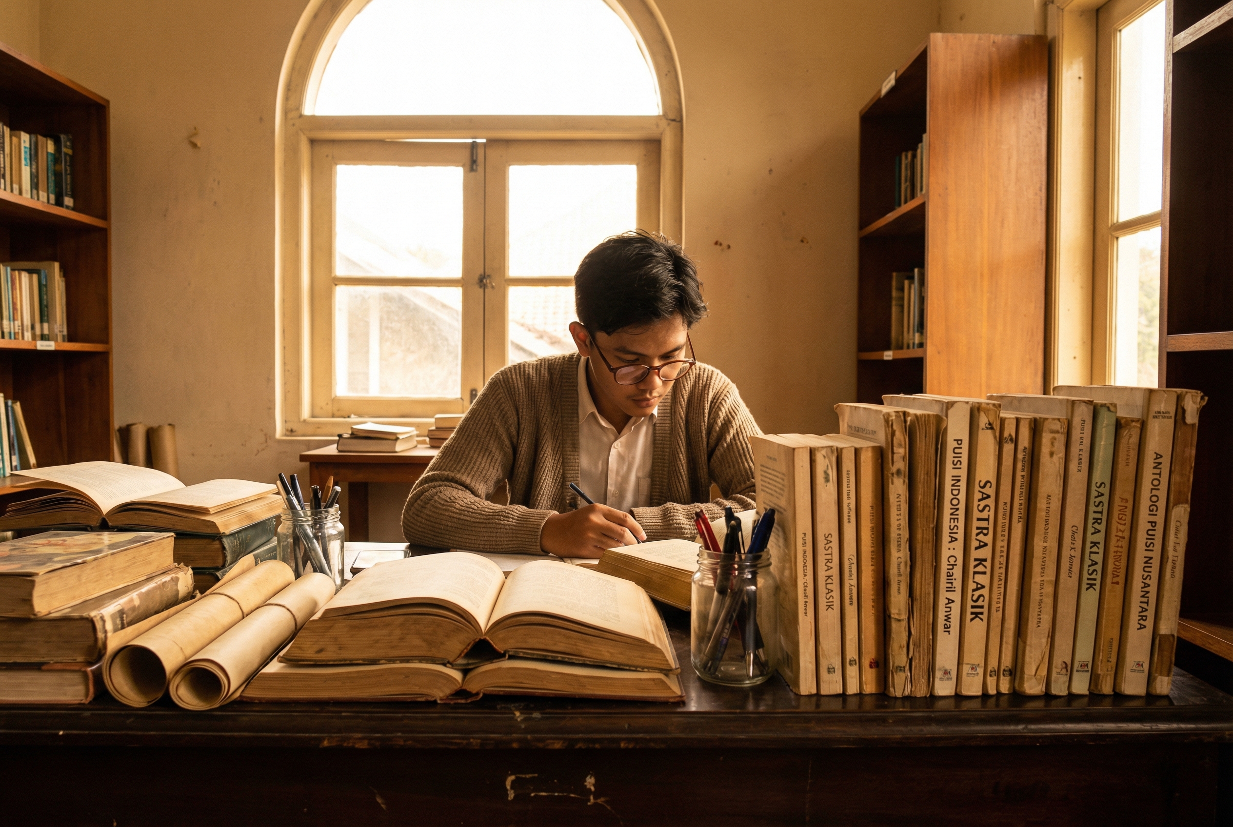 A student or writer sitting at a vintage wooden desk, surrounded by books and parchment, light from a large window illuminating a collection of classic Indonesian poetry books, illustrative and educational atmosphere.