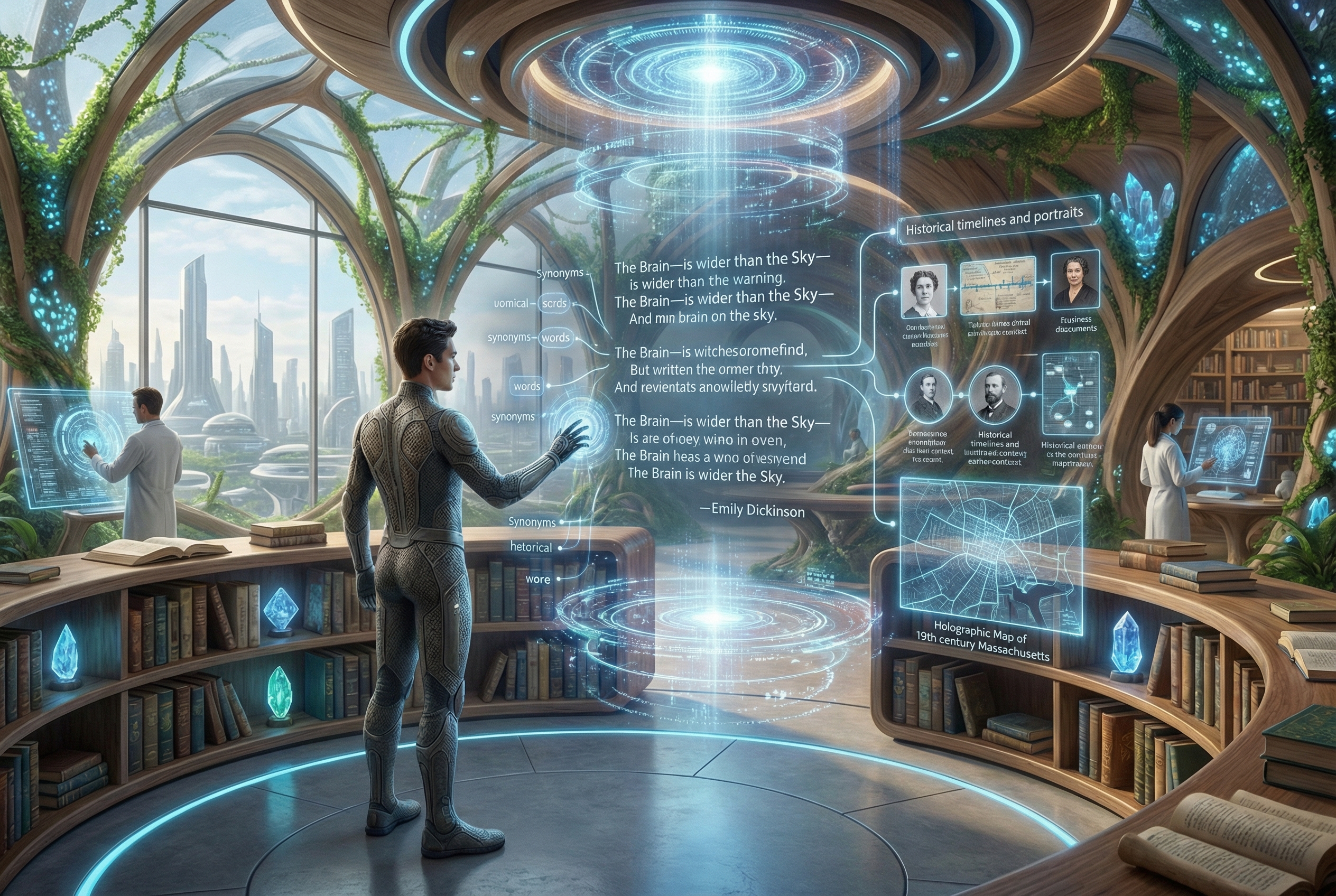 A futuristic library where a holographic AI interface is helping a researcher analyze a poem. The AI displays different layers of meaning, synonyms, and historical context of the words, blending technology with classical literature.